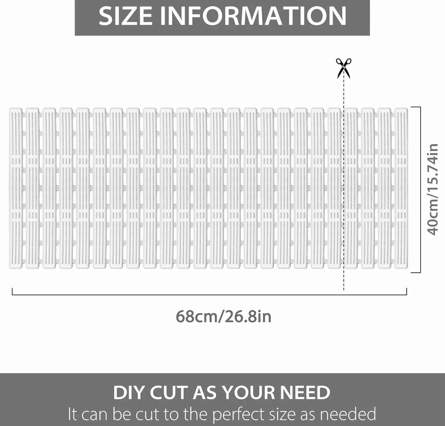 Tapis de Douche Antidérapant 68x40cm PP+TPE Ventouses Résistant Moisissure Découpable Séchage Rapide Drainage Efficace