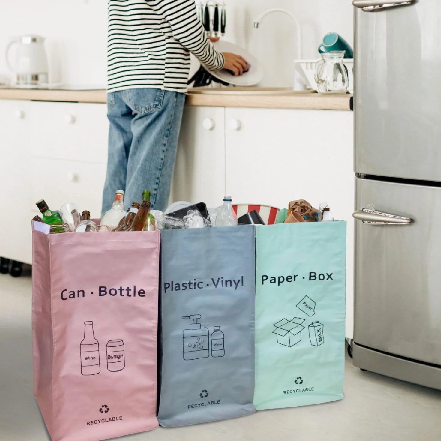 Lots de 3 sacs de recyclage réutilisables 160L pour tri sélectif