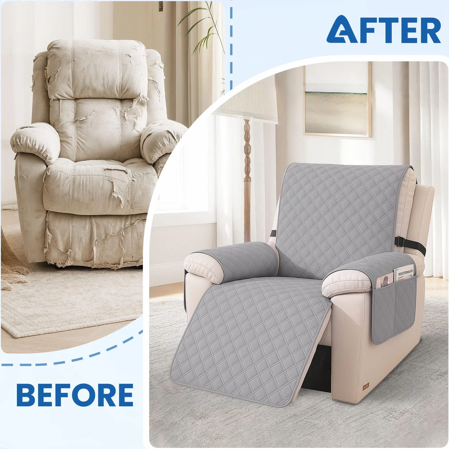 Housse Fauteuil Relax 1 Place Étanche Inclinable Antidérapant avec Poches Latérales Lavable Gris Clair