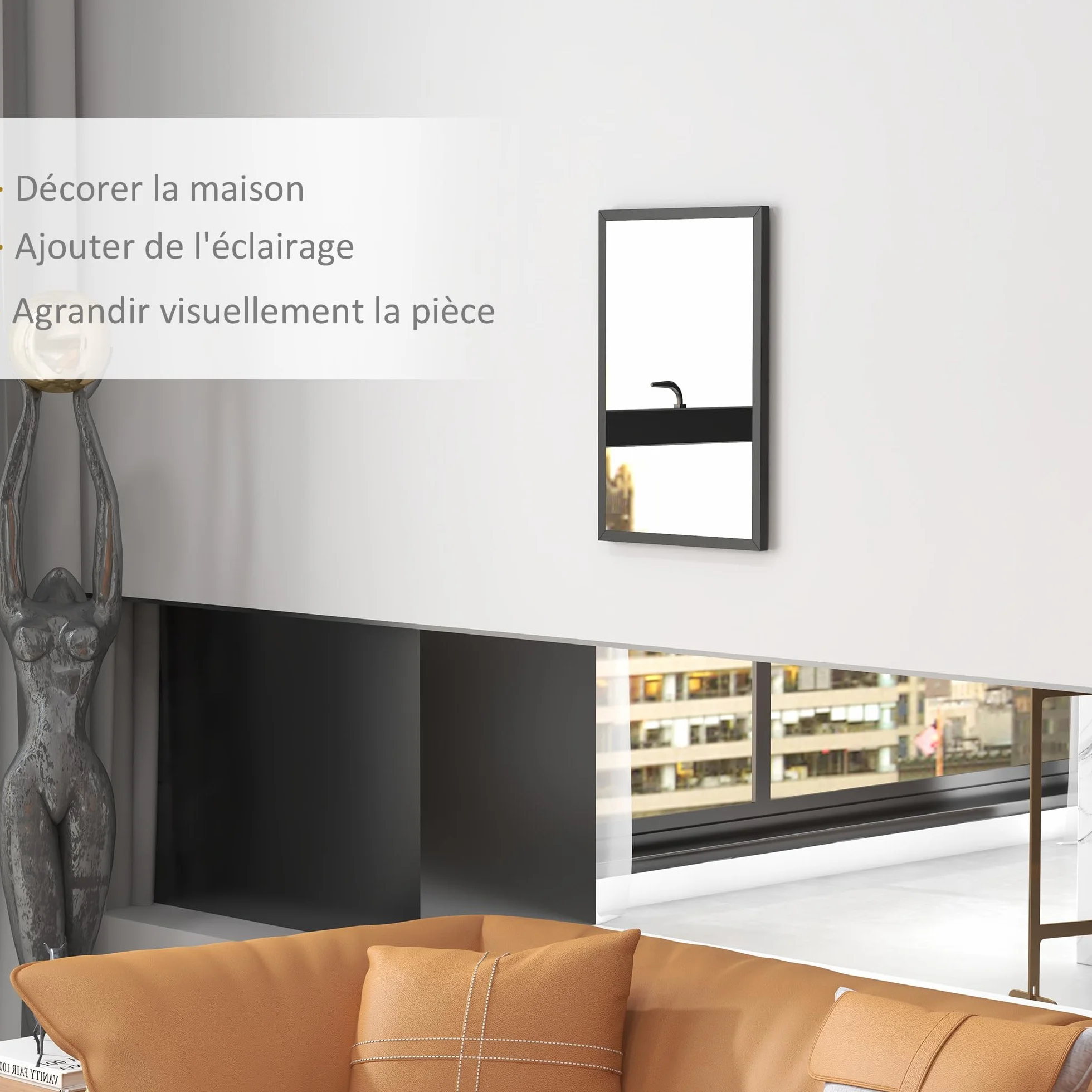 HOMCOM Miroir Mural Rectangulaire 60 x 40 cm Cadre en Bois Noir Salle de Bain