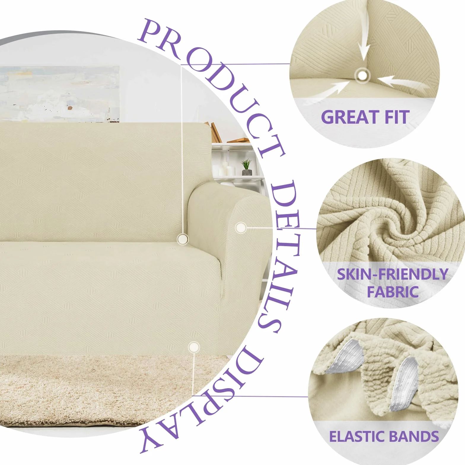 Ystyle Housse de Canapé 3 Places avec Accoudoirs, Extensible, Antidérapante, Beige