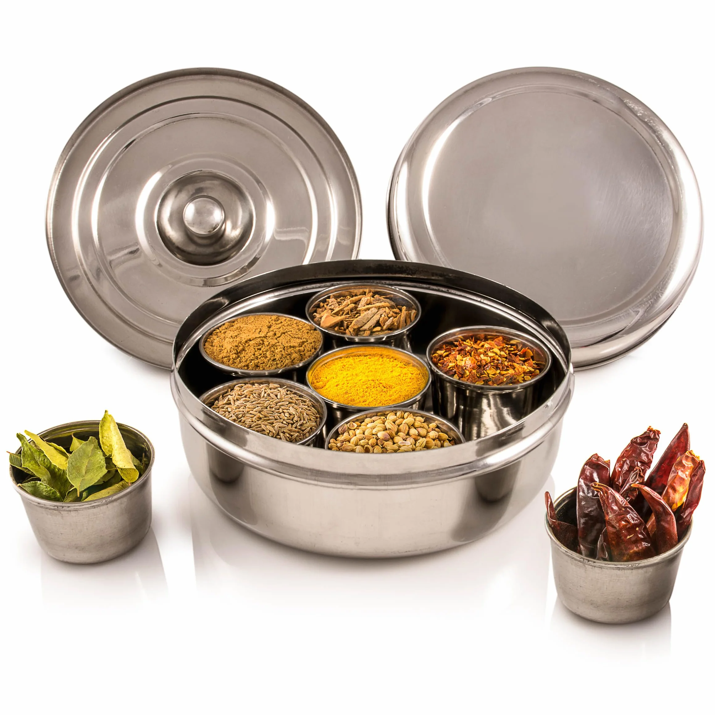 Zinel Masala Dabba Boîte à épices Acier Inoxydable 7 Compartiments 2 couvercles 16 cm