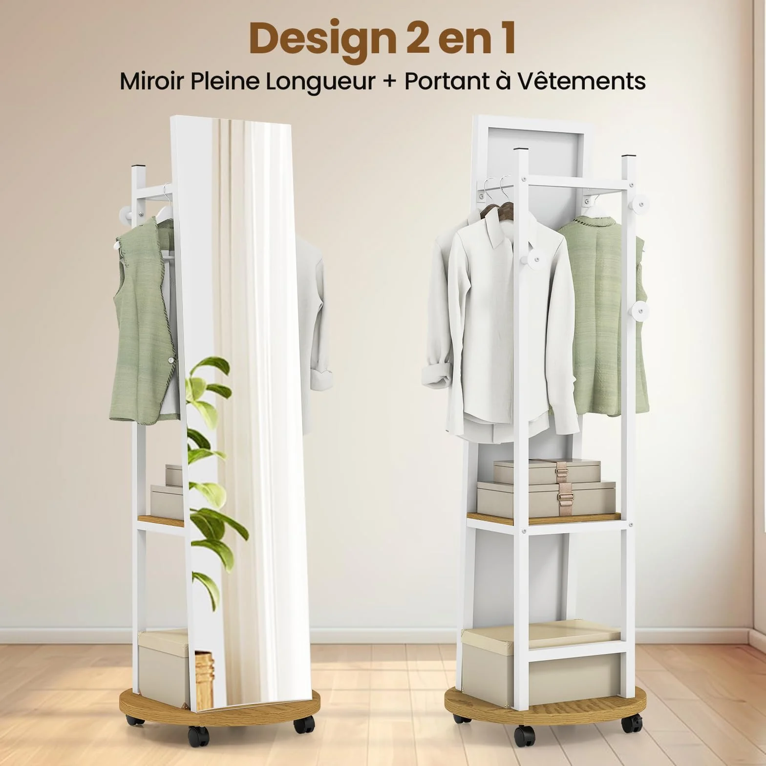 COSTWAY Miroir sur Pied Grand avec Porte-Manteau 4 Roues Pivotantes 360° 3 Crochets Cadre Métal 45 x 135 cm Blanc Naturel