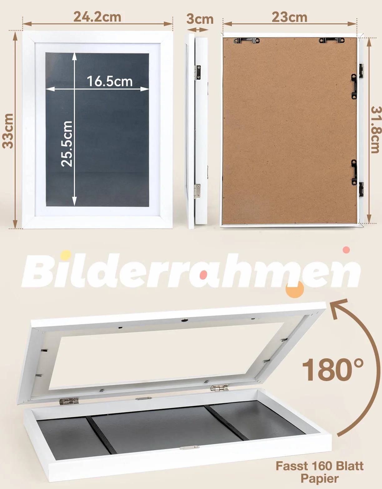 Cadre photo A4 bois épais 25x34x4 cm Blanc rabat interchangeable