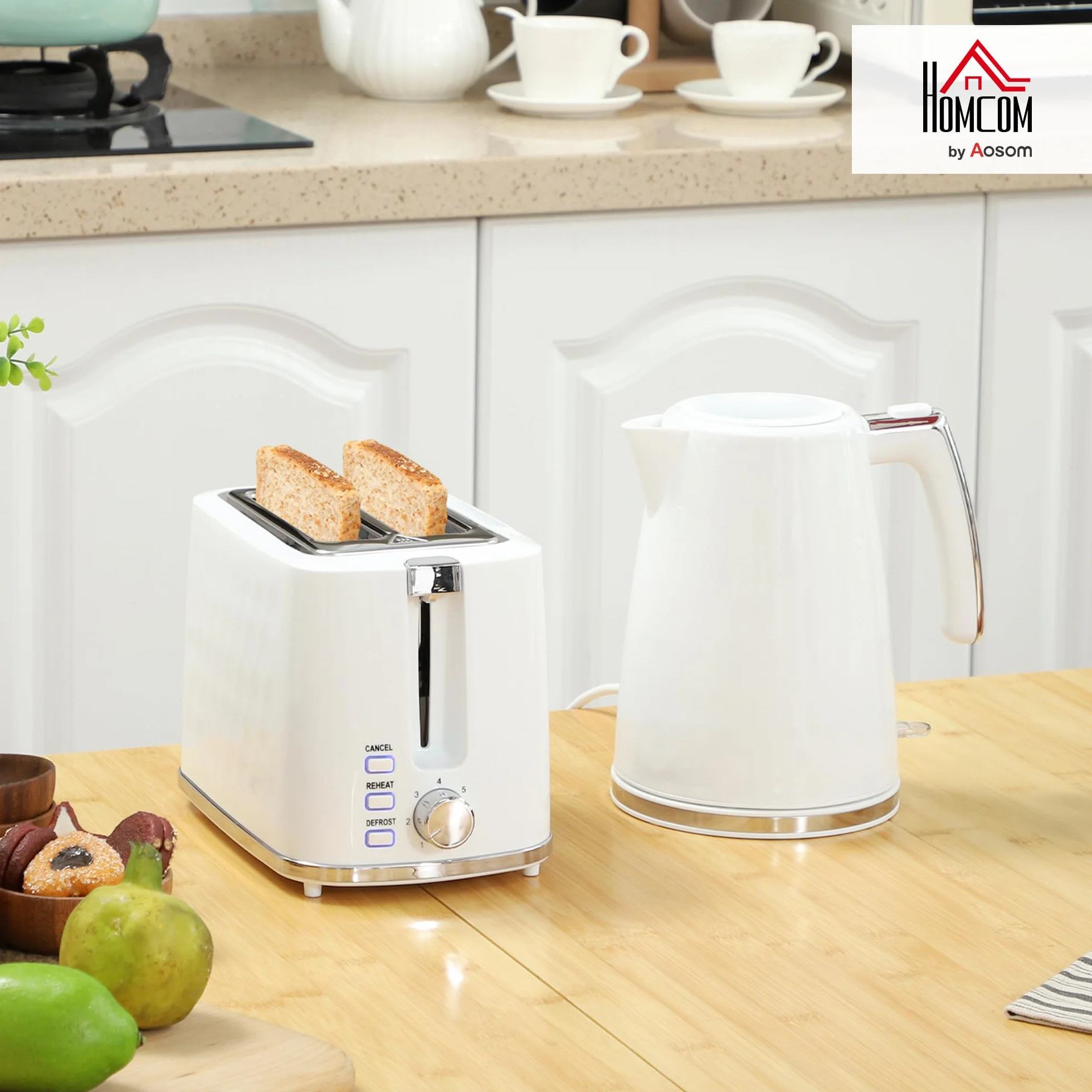HOMCOM Bouilloire et Grille-Pain Acier 2200W 1,7L Thermostat Otter Filtre Anti-Calcaire 2 Fentes 7 Réglages Brunissage Blanc