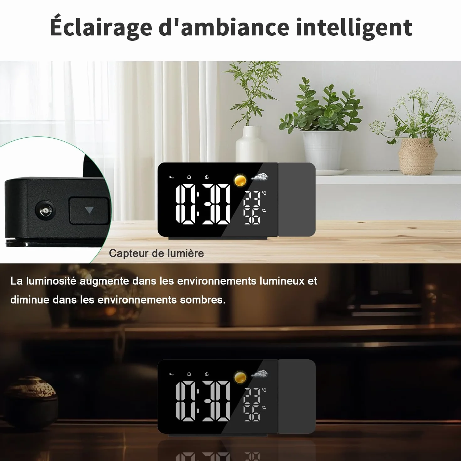 Uzoli EM3211A Réveil-projecteur Plafond LED avec Prévisions Météo 8h, Température et Humidité, 2 Alarmes, Snooze, Projection Rotative 180°, 10 Sonneries