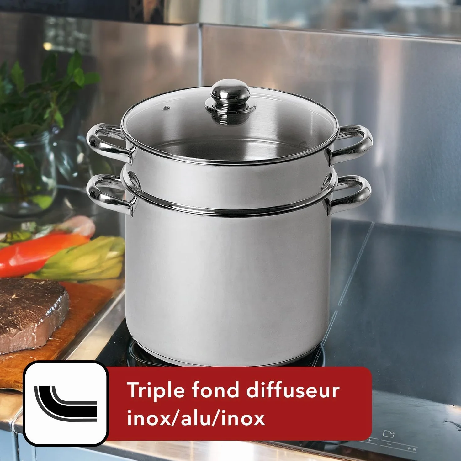 BAUMALU Combiné Traiteur Couscoussier Acier Inox Ø24cm 9L Triple Fond Diffuseur Induction