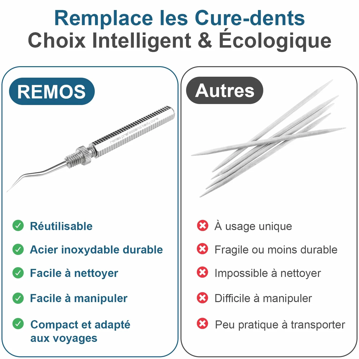 Cure-dents acier inoxydable pointe courbée dévissable REMOS