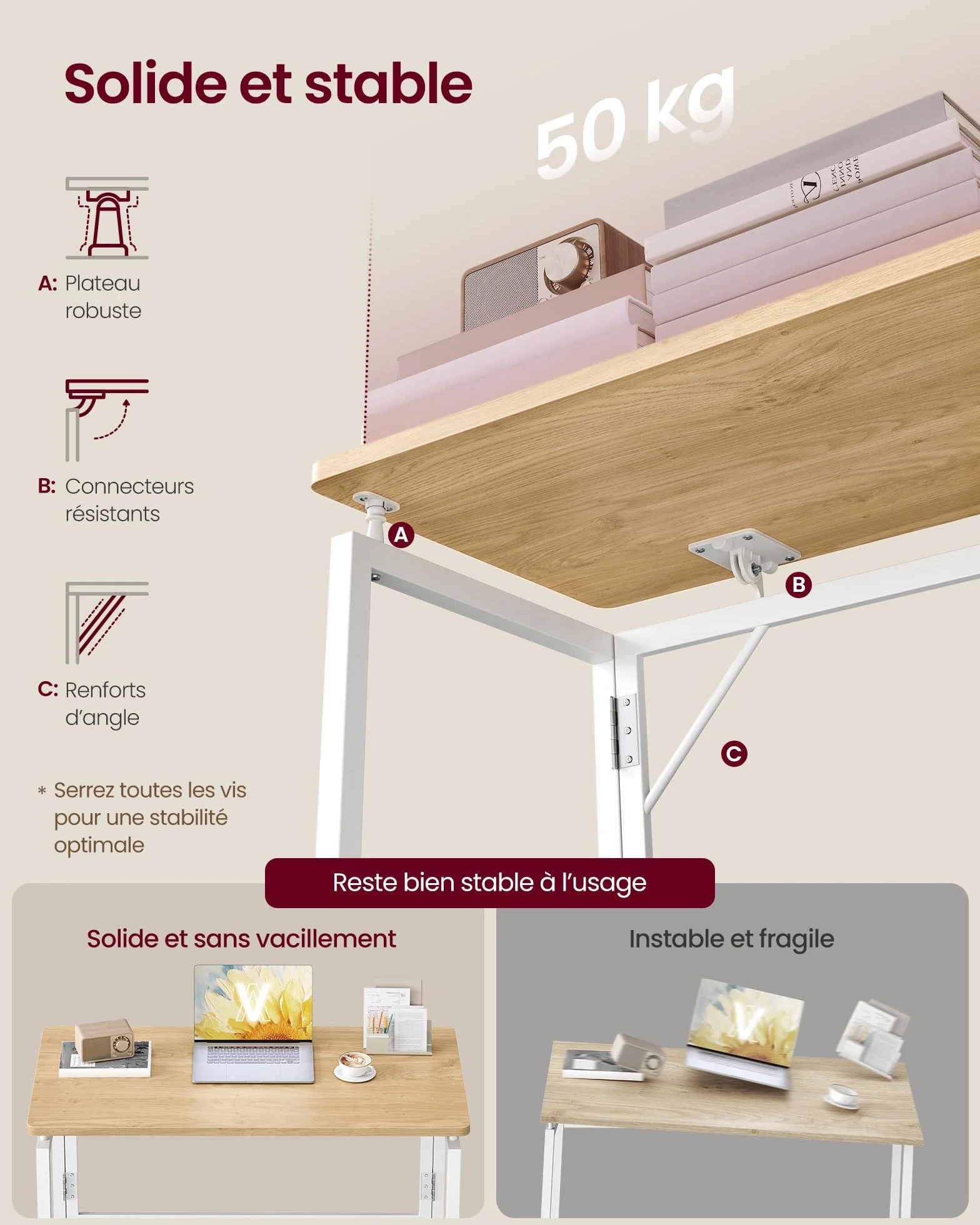 VASAGLE Table Pliante Bureau Pliable 80 x 40 cm Chêne Naturel