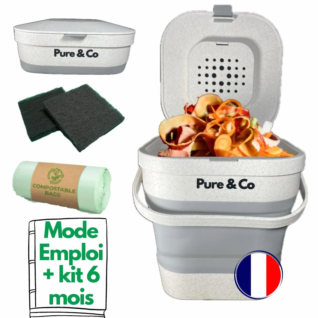 Pure&Co Composteur Cuisine Pliable 4L Poubelle Compost Anti Odeur Bioseau