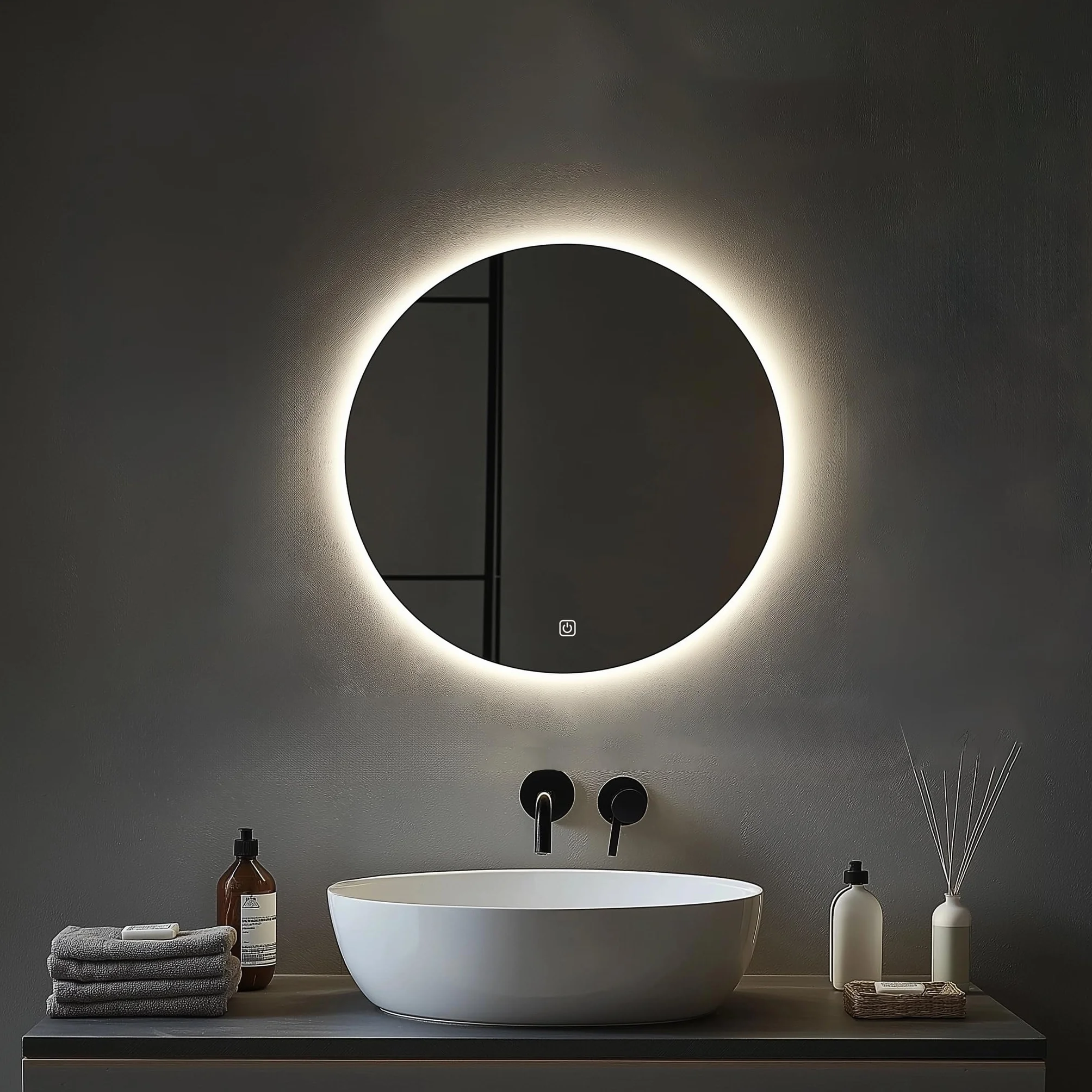 Miroir Salle de Bain LED Rond 50cm, 3 Couleurs Lumière Dimmable, Interrupteur Tactile