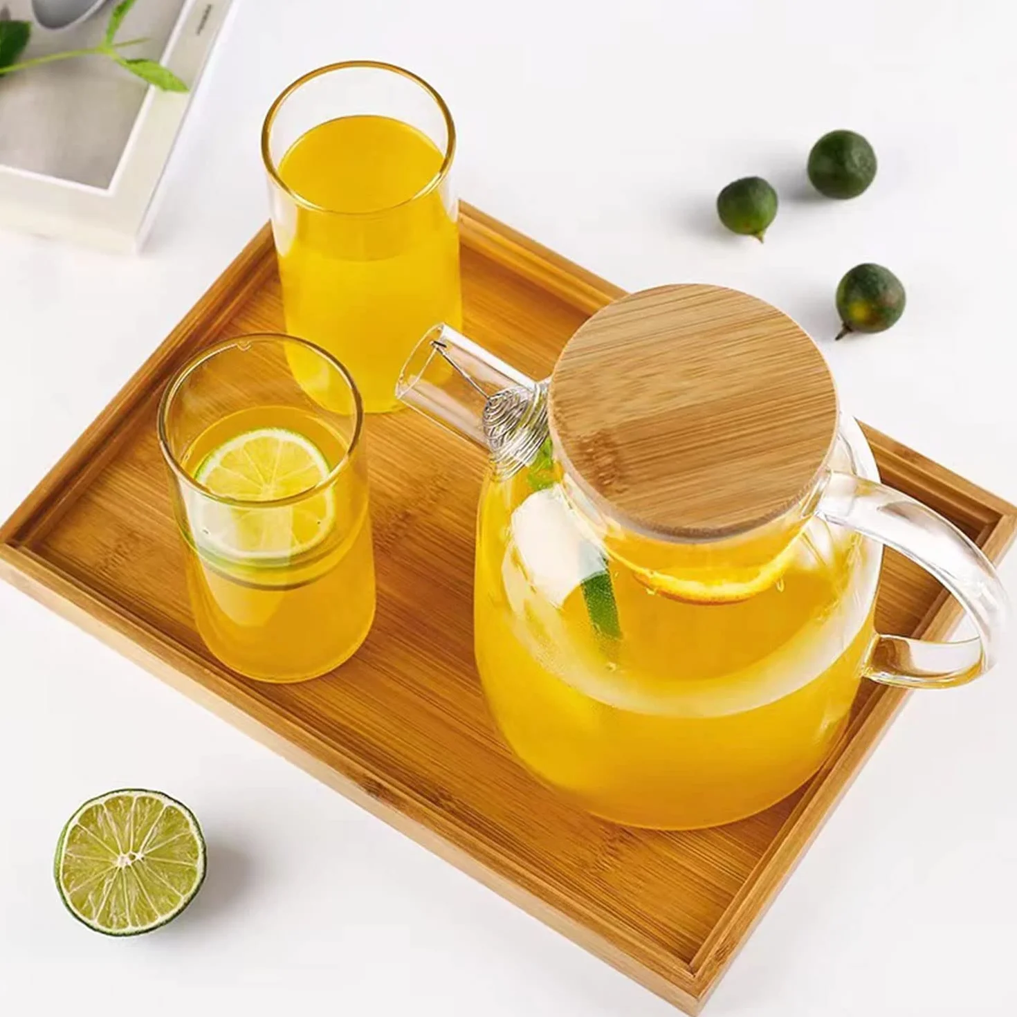 Théière en verre borosilicate 1,6 L avec filtre métal et couvercle bambou