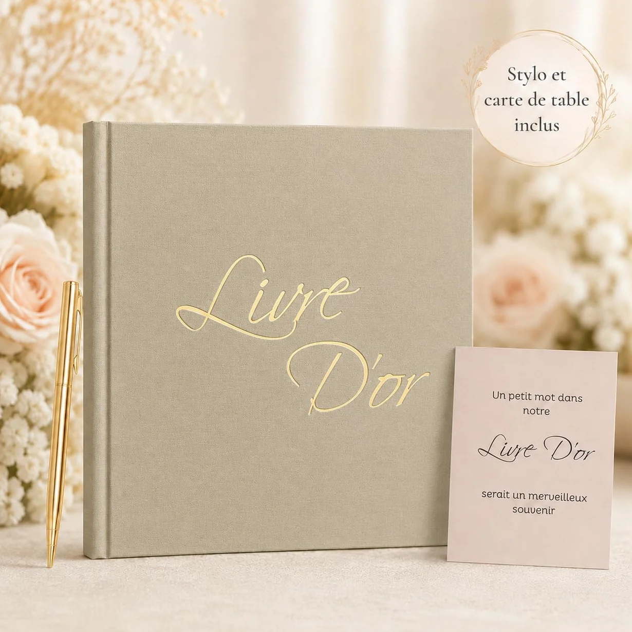 Livre d'Or Lin Beige 21x21 cm 100 Pages Blanches Stylo et Affiche Mariage Anniversaire Baptême
