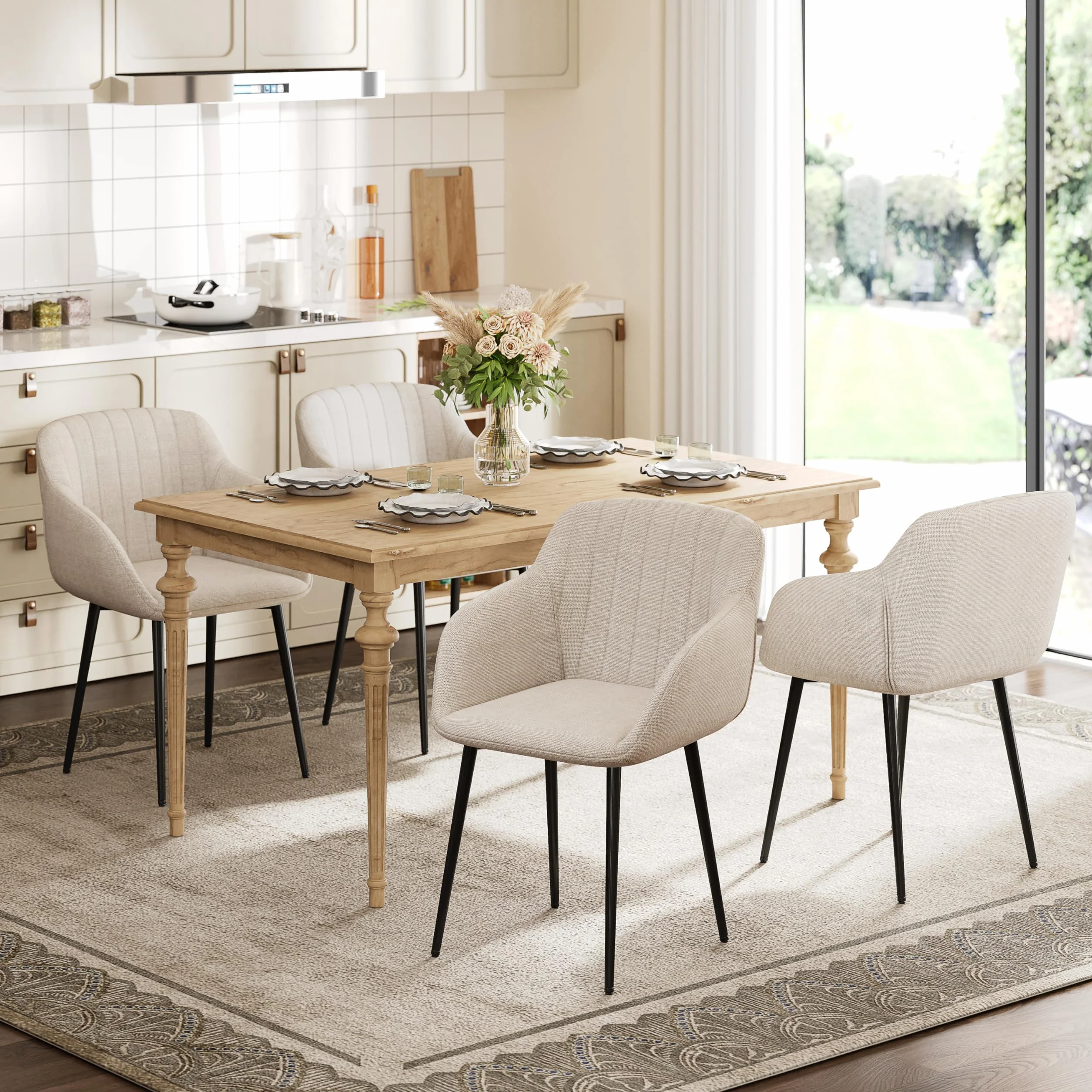 Lot de 6 Chaises Salle à Manger Beige avec Accoudoirs, Fauteuil Rembourré en Lin Pieds Métal