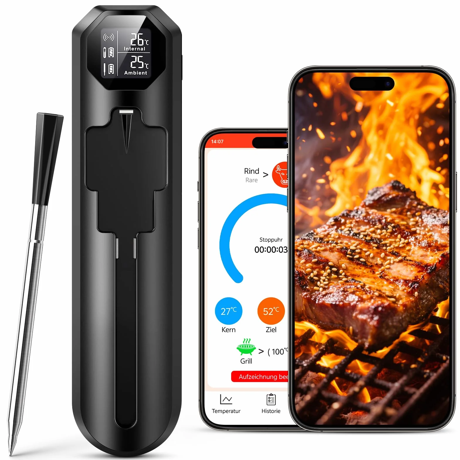 Thermomètre Cuisine Sans Fil Double Capteur avec App 150m Sonde Bluetooth Minuterie Alarme BBQ Grill Fumoir Four Sous Vide