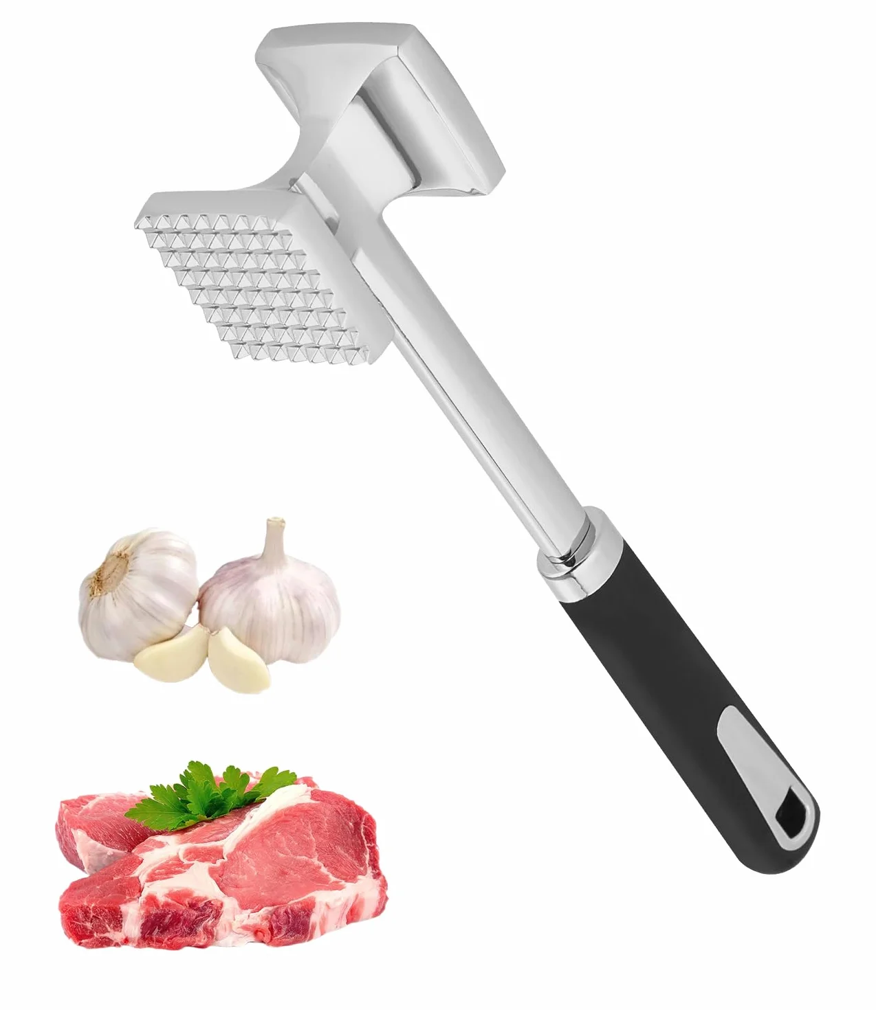 Attendrisseur de Viande en INOX 27 cm Marteau à Steak Double Face avec Manche Antidérapant