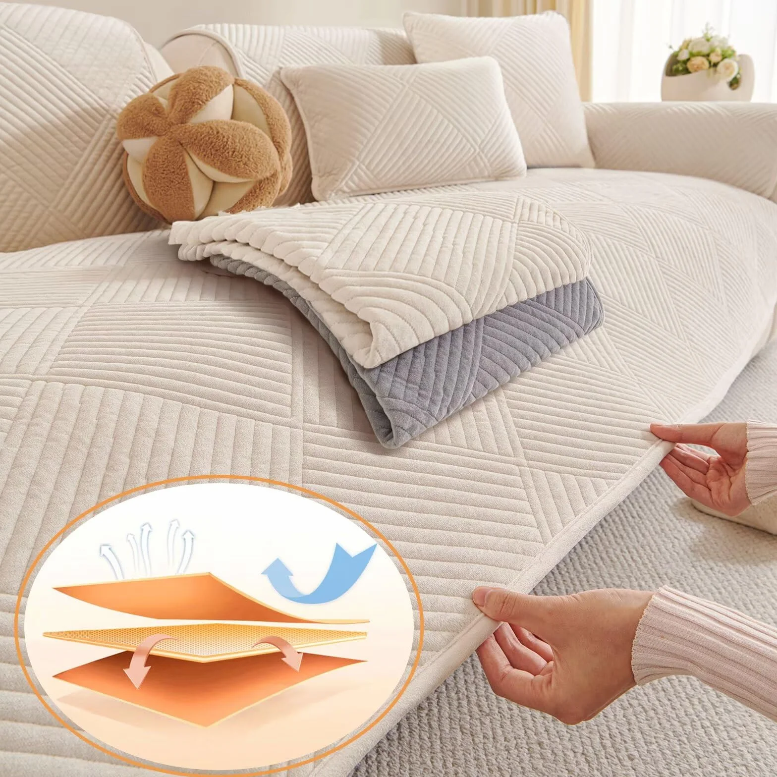 Housse de Canapé en Flanelle Lavable pour Canapé Sectionnel 1/2/3/4 Places
