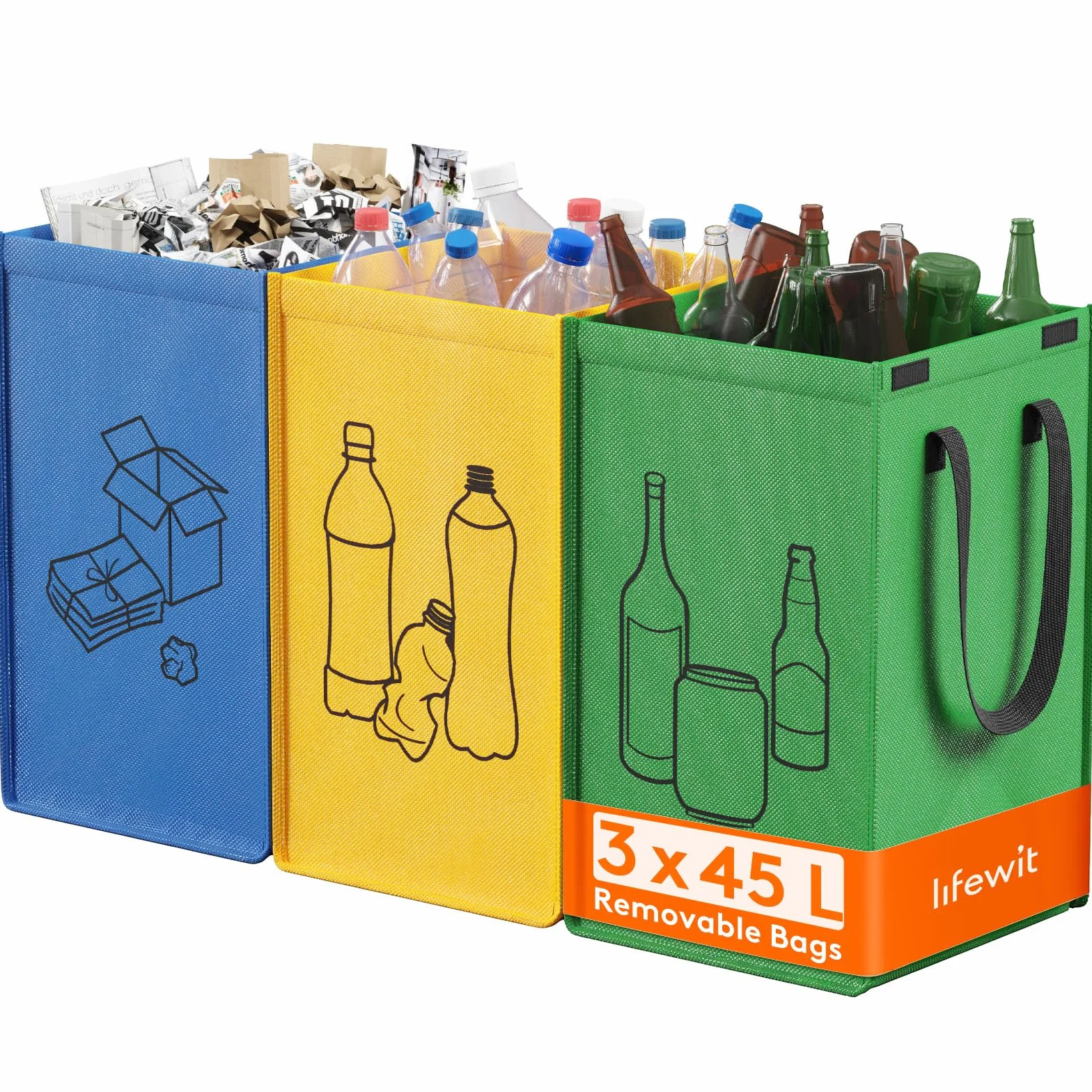 Lifewit Lot de 3 Sacs Tri Sélectif, Poubelles Recyclage 3 Couleurs, 45 L