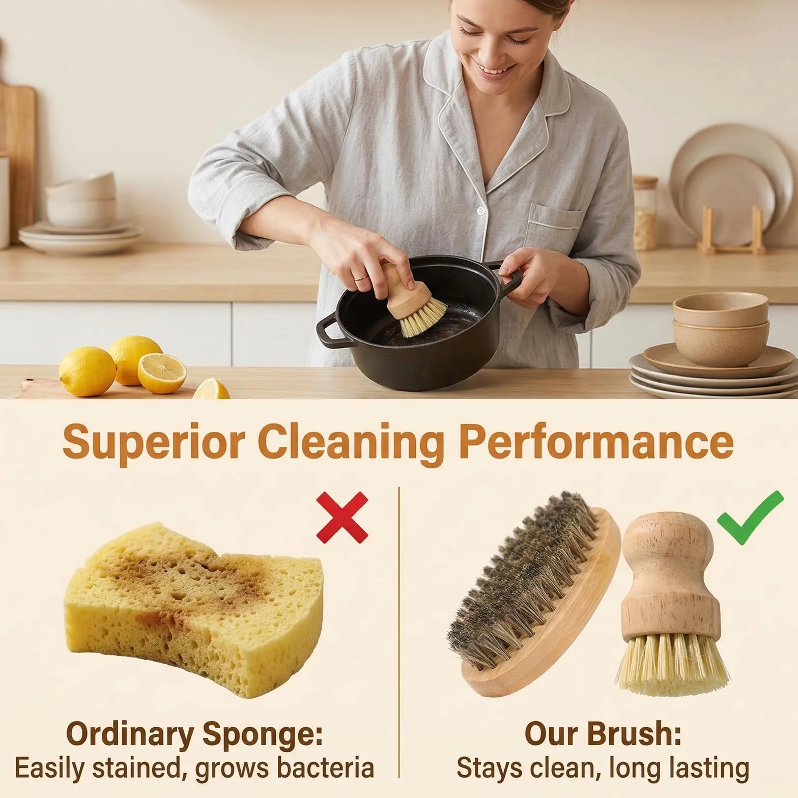 Lot de 2 brosses à légumes en Bois Ergonomique pour Nettoyer Légumes