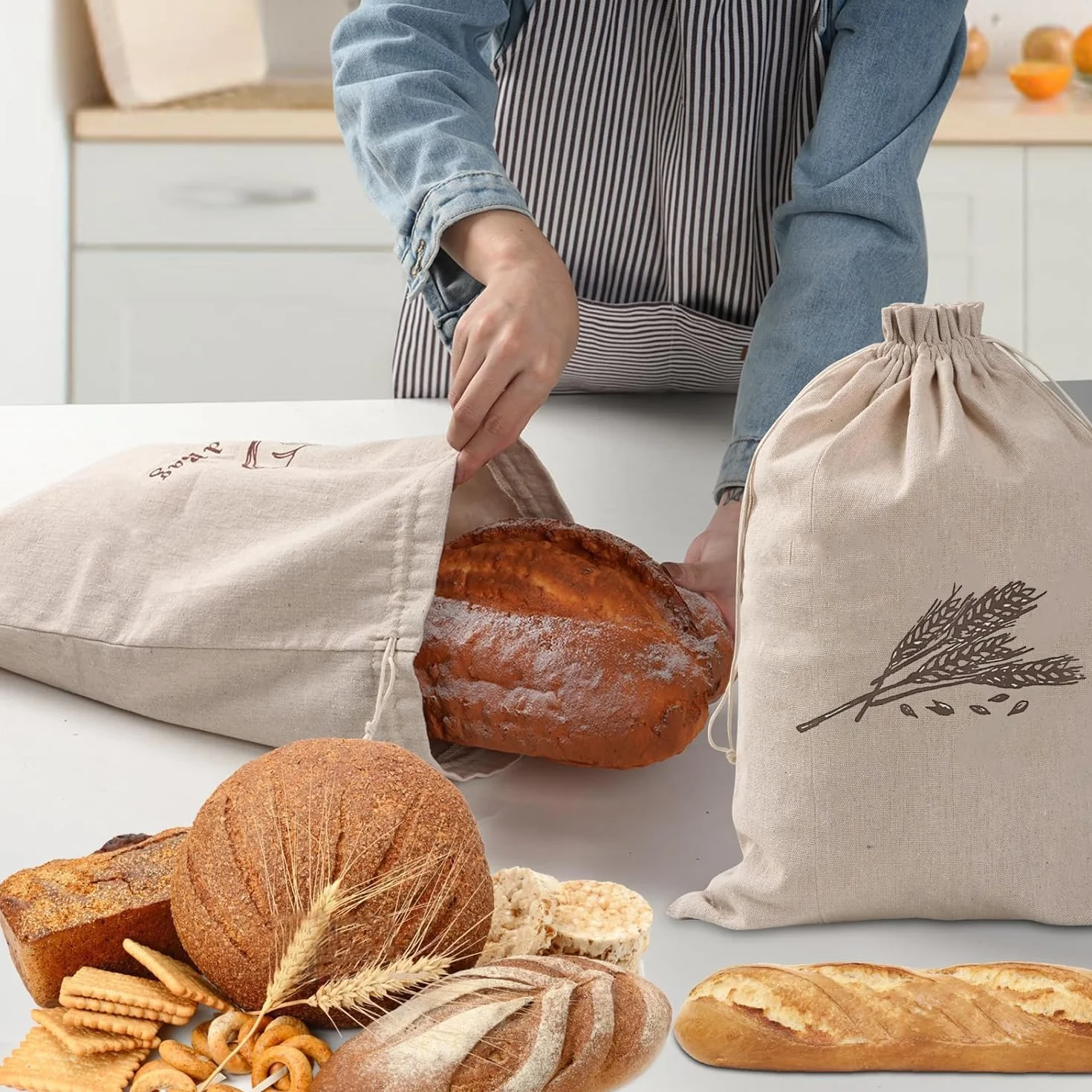 Sac à Pain Tissu Réutilisable 44 x 29 cm avec Cordon de Serrage pour Cuisine, Pain, Fruits et Légumes