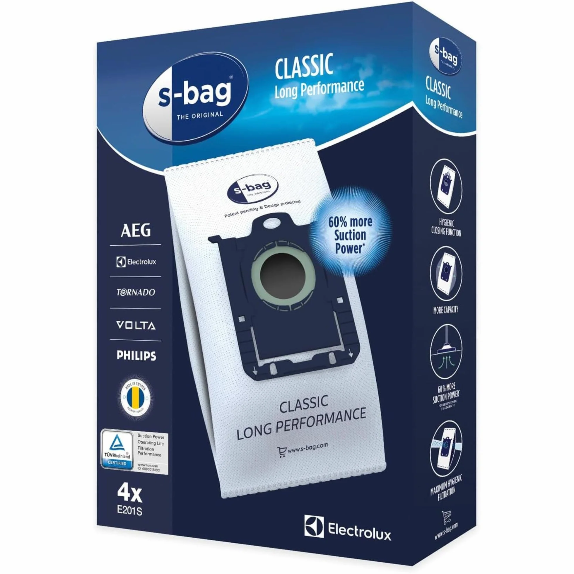 Electrolux E201S S-Bag Long Performance Sacs Aspirateur, Boite de 4, 3,5L, Powerflow