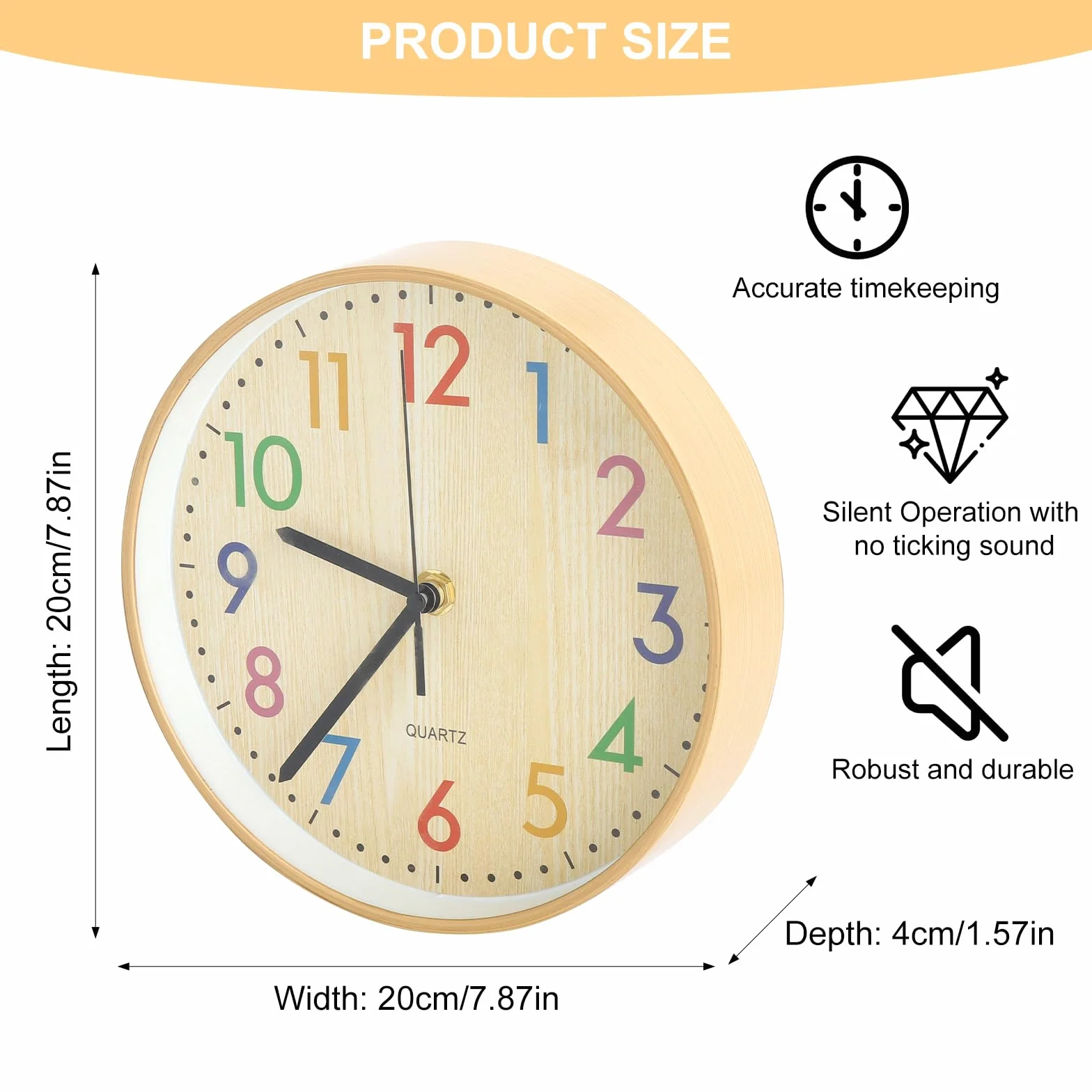 VOSSOT Horloge Murale Silencieuse 8 Pouces Bois Quartz 20 cm