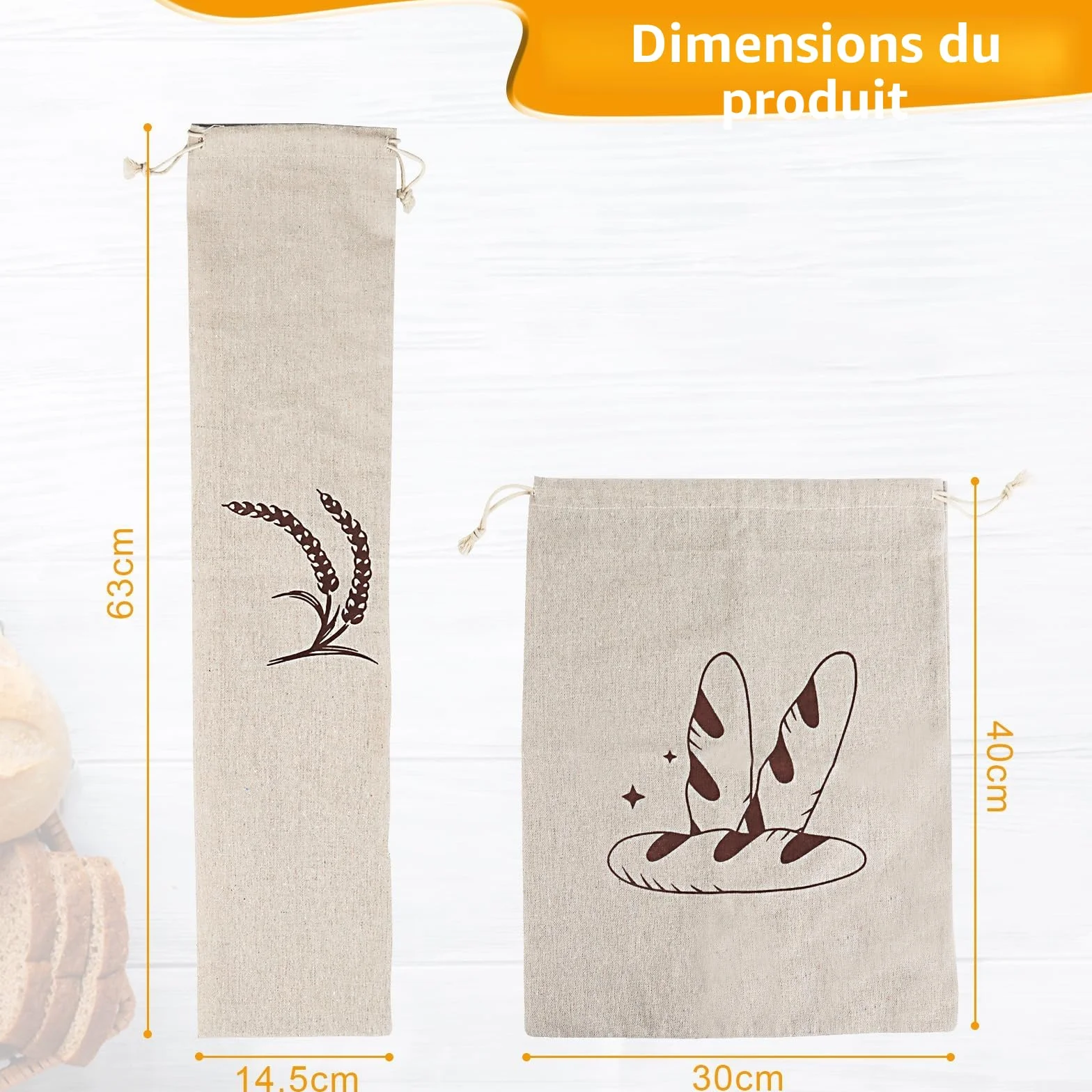 Sacs à Pain en Lin avec Cordon de Serrage Réutilisables Lot de 4 - 30x40 cm et 14.5x63 cm