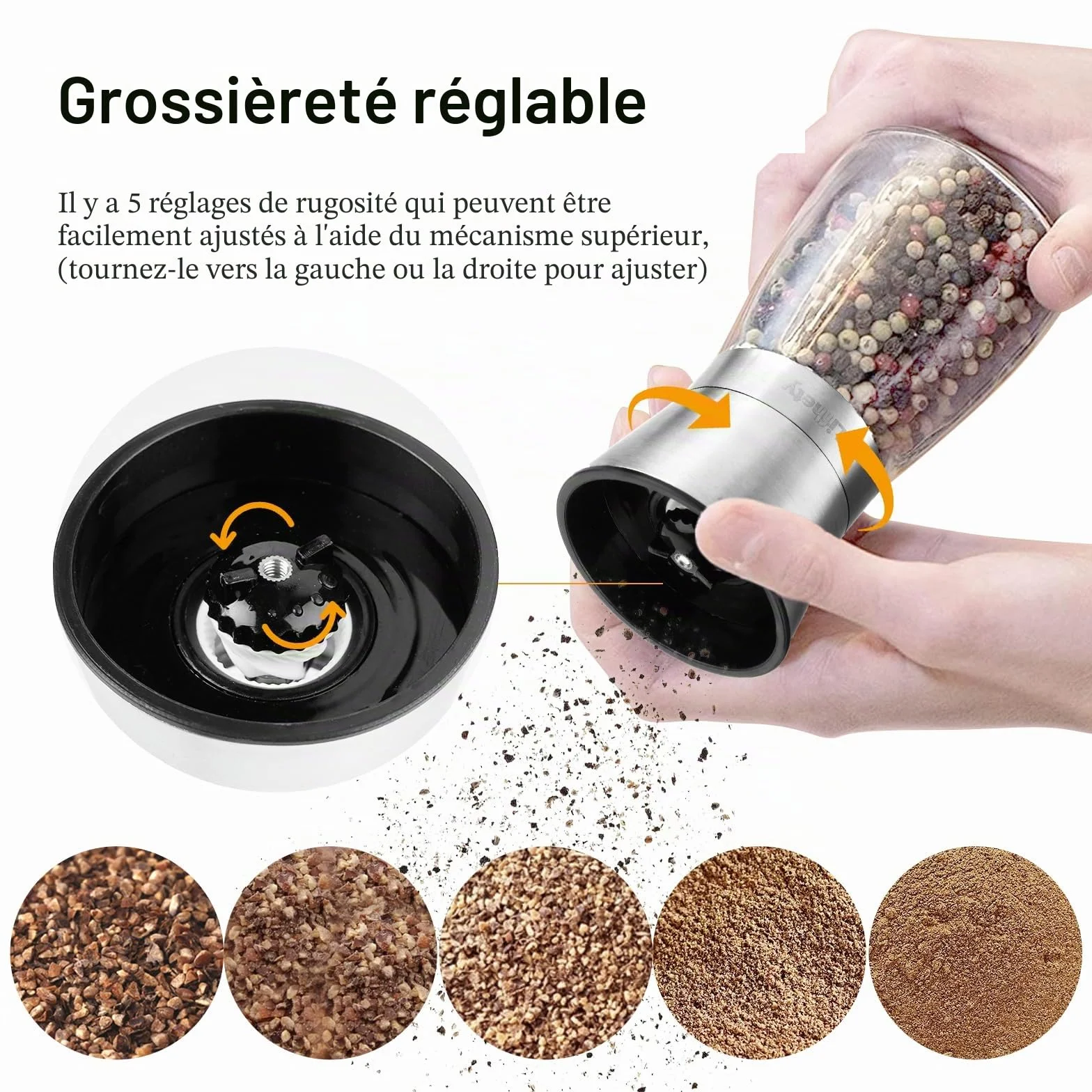 Lot de 2 Moulins à Poivre et Sel avec Broyeur Céramique Réglable, Salière et Poivrière Manuelle, Verre et Inox