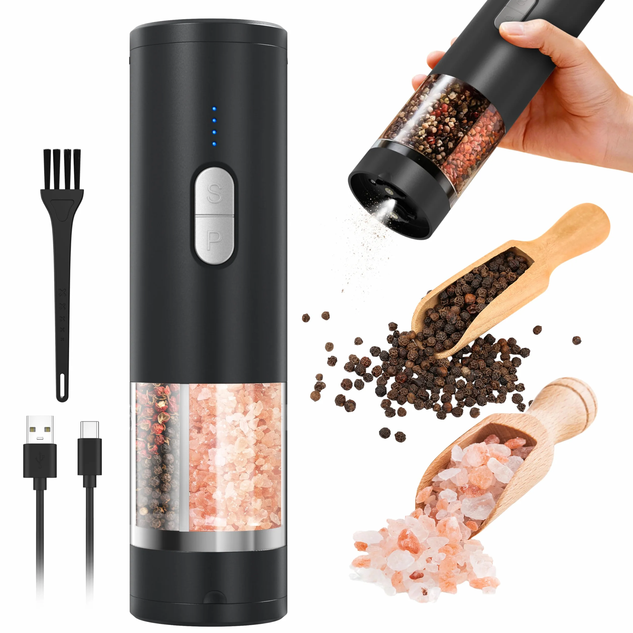 Moulin à poivre et sel électrique 2 en 1 rechargeable USB, automatique avec éclairage LED, réglable