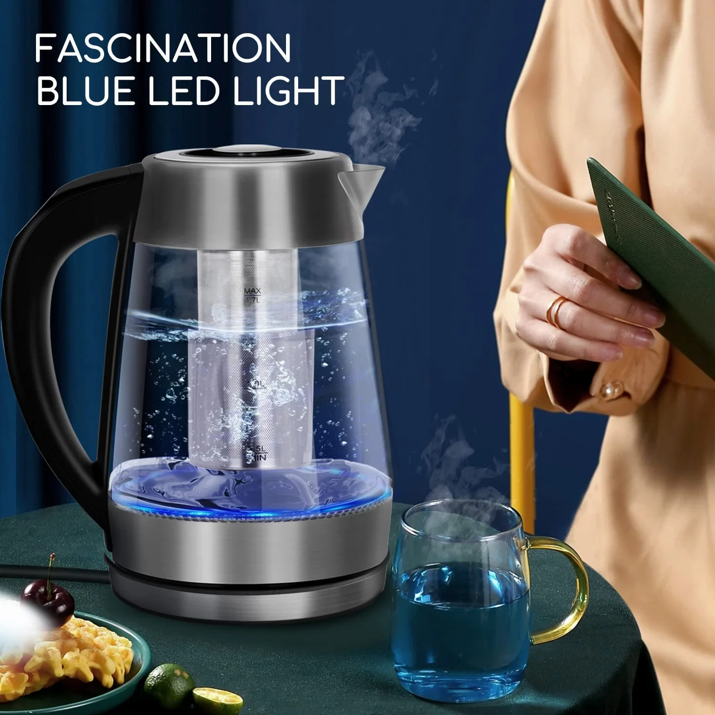 Aigostar Bouilloire en verre 2200W 1.7L Température Réglable 60-100°C Maintien au chaud Filtre à thé