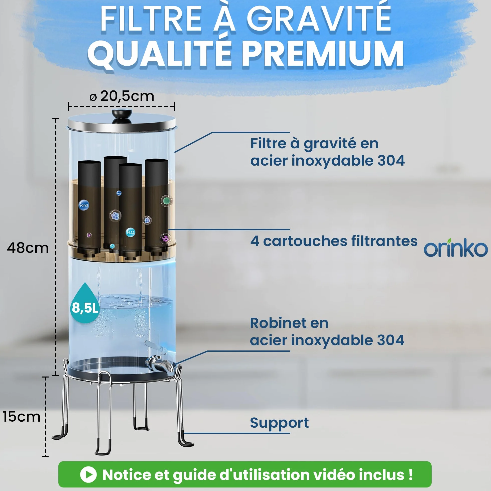ORINKO Filtre à Eau par Gravité 8,5 L 4 Cartouches Charbon Actif Purificateur d'Eau Fontaine Filtrante