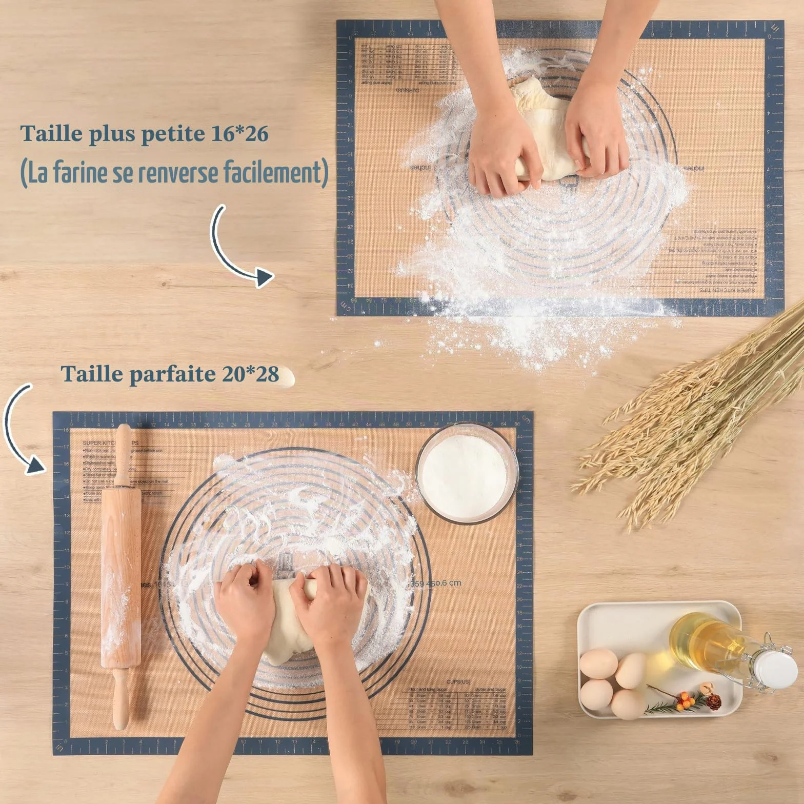 Tapis à Pâtisserie en Silicone Antidérapant 71×51cm avec Grattoir à Pâte Gris