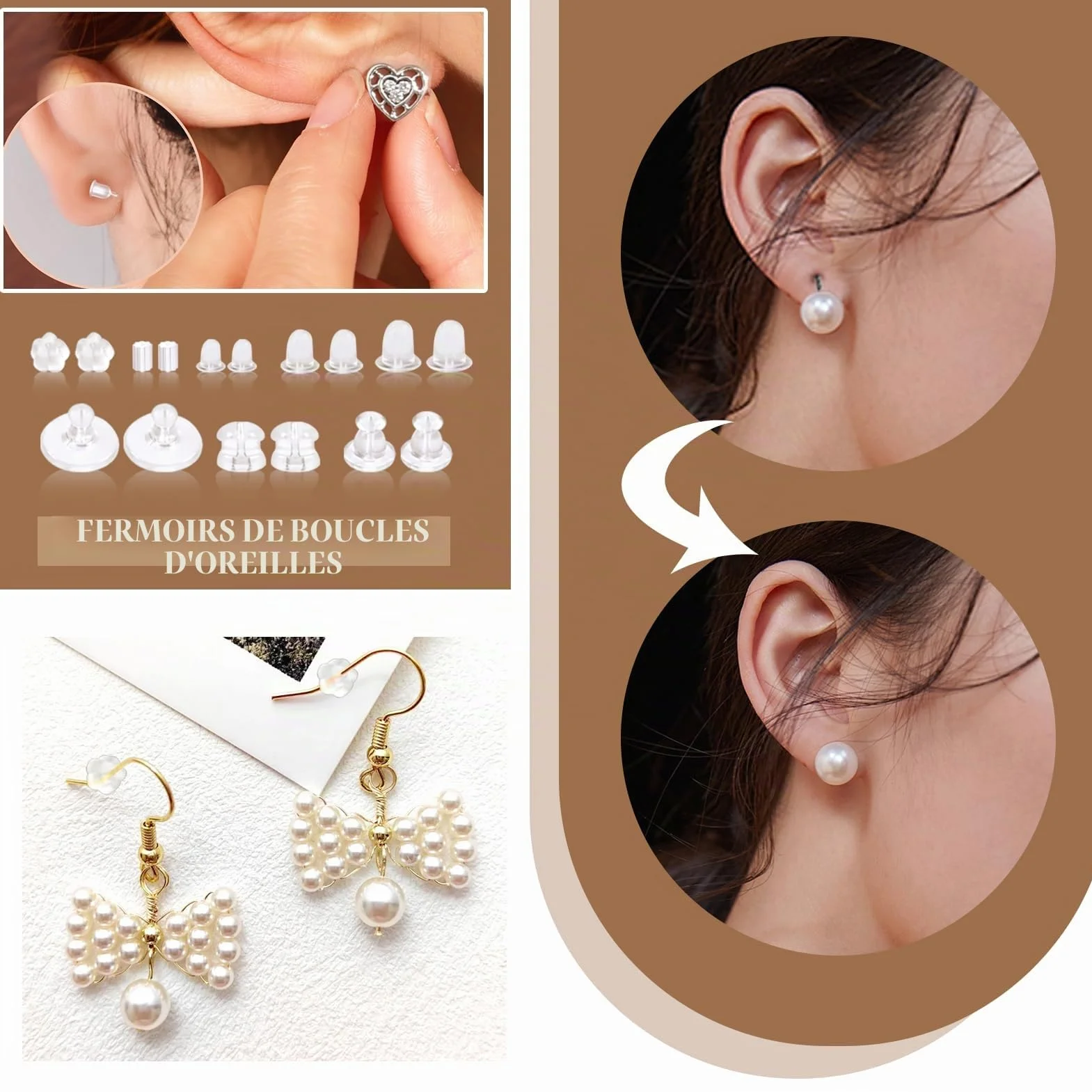 TOAOB 600 Pièces Fermoir Boucle d'Oreilles Silicone 8 Styles Plastique Transparent Hypoallergénique Taille Mixte pour Fabrication de Bijoux