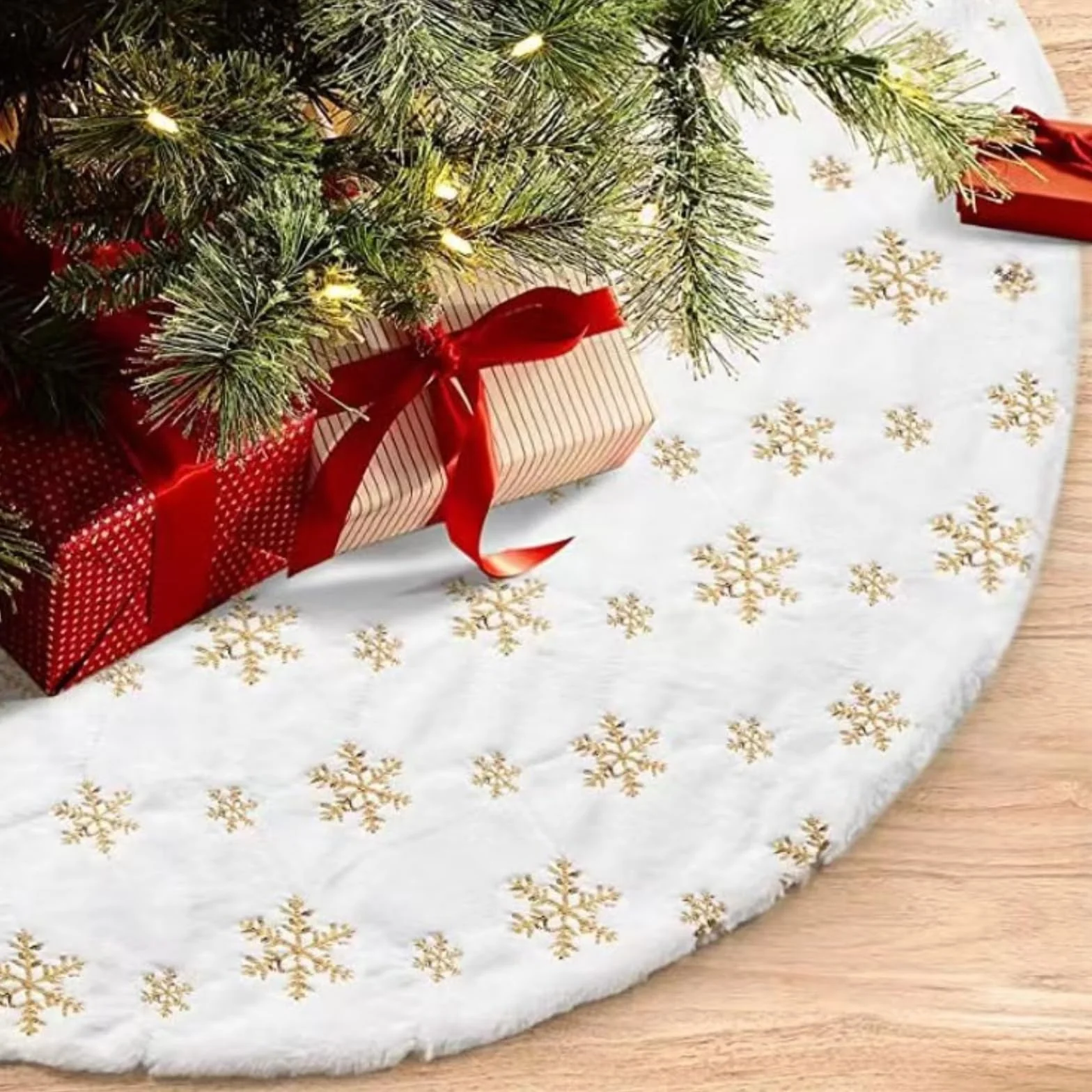 Jupe Sapin Noël Blanche Or 120cm Décoration Cache Pied Arbre