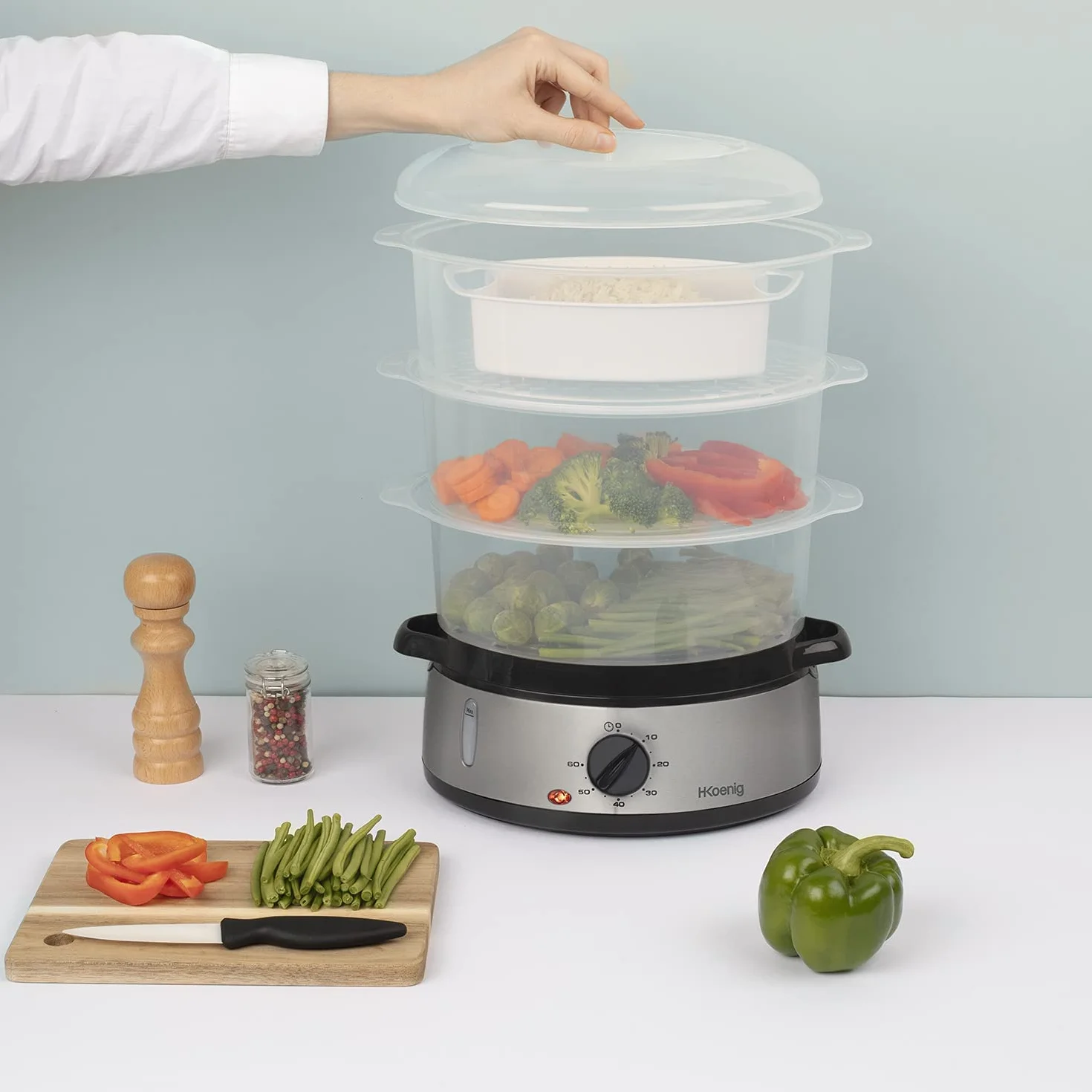H.Koenig VAP10 Cuiseur à vapeur électrique 9L Inox 3 paniers empilables programmable