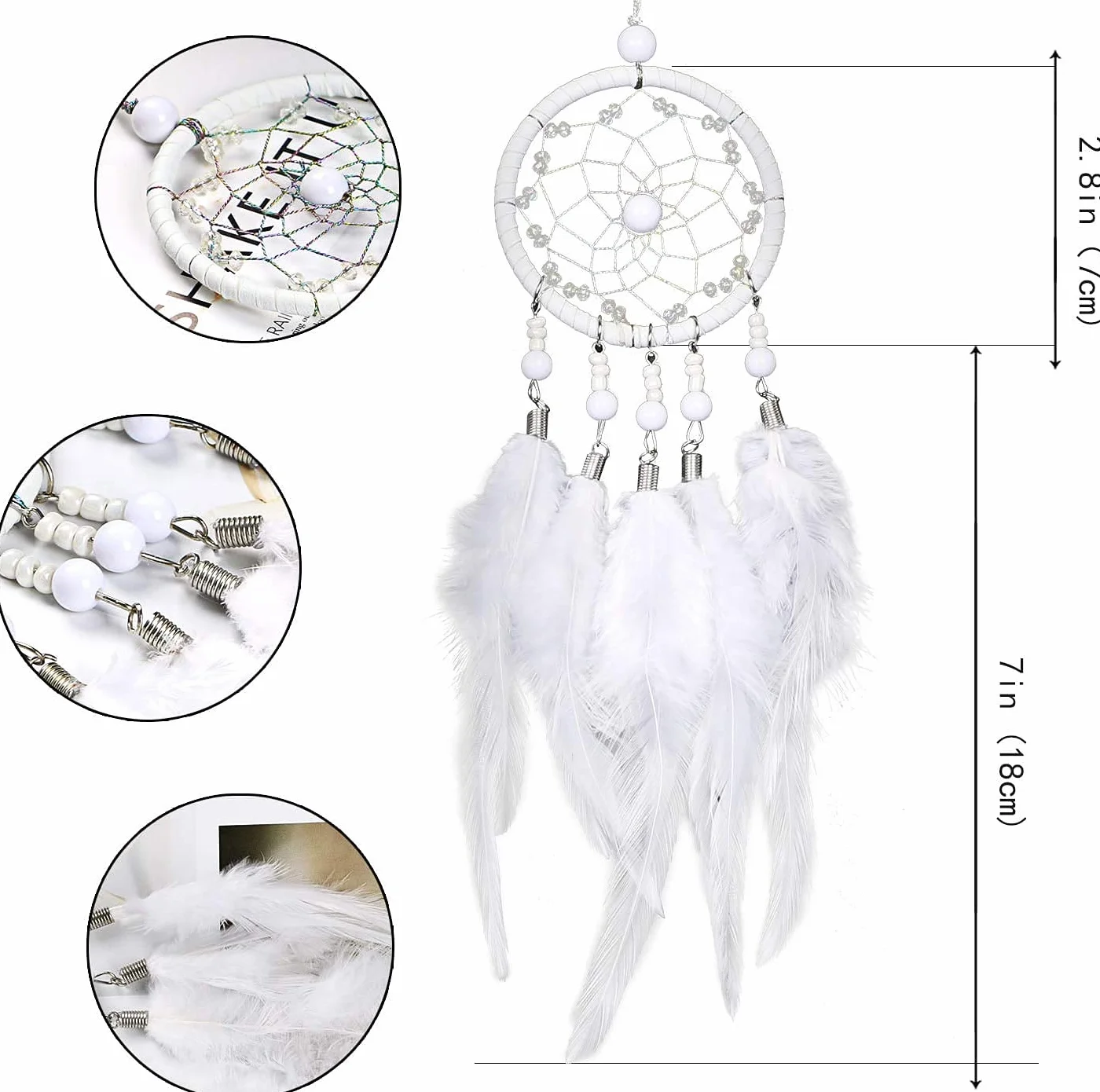 Dream Catcher Ręcznie Robiony Plume Ornament Samochodowy Lusterko Wsteczne Boho Dekoracja Okno Zawieszony Prezent (Blanche)