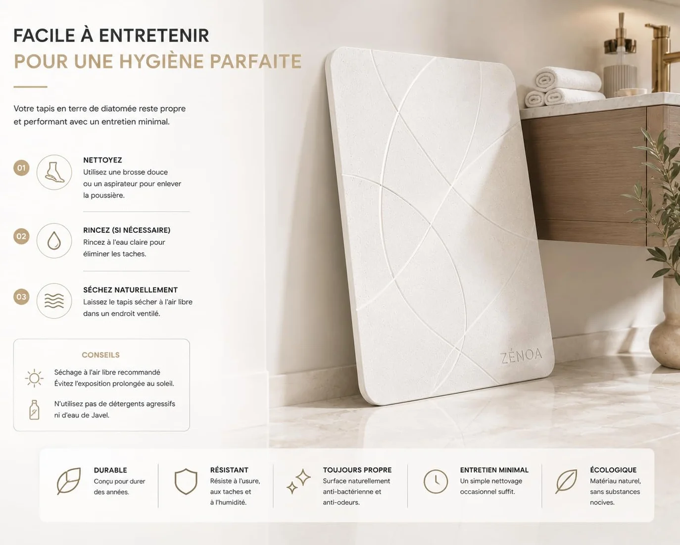 Tapis de Bain en diatomite 60 x 39 cm - Séchage instantané, antidérapant, Surface minérale Ultra absorbante - Blanc & Gris Ligne
