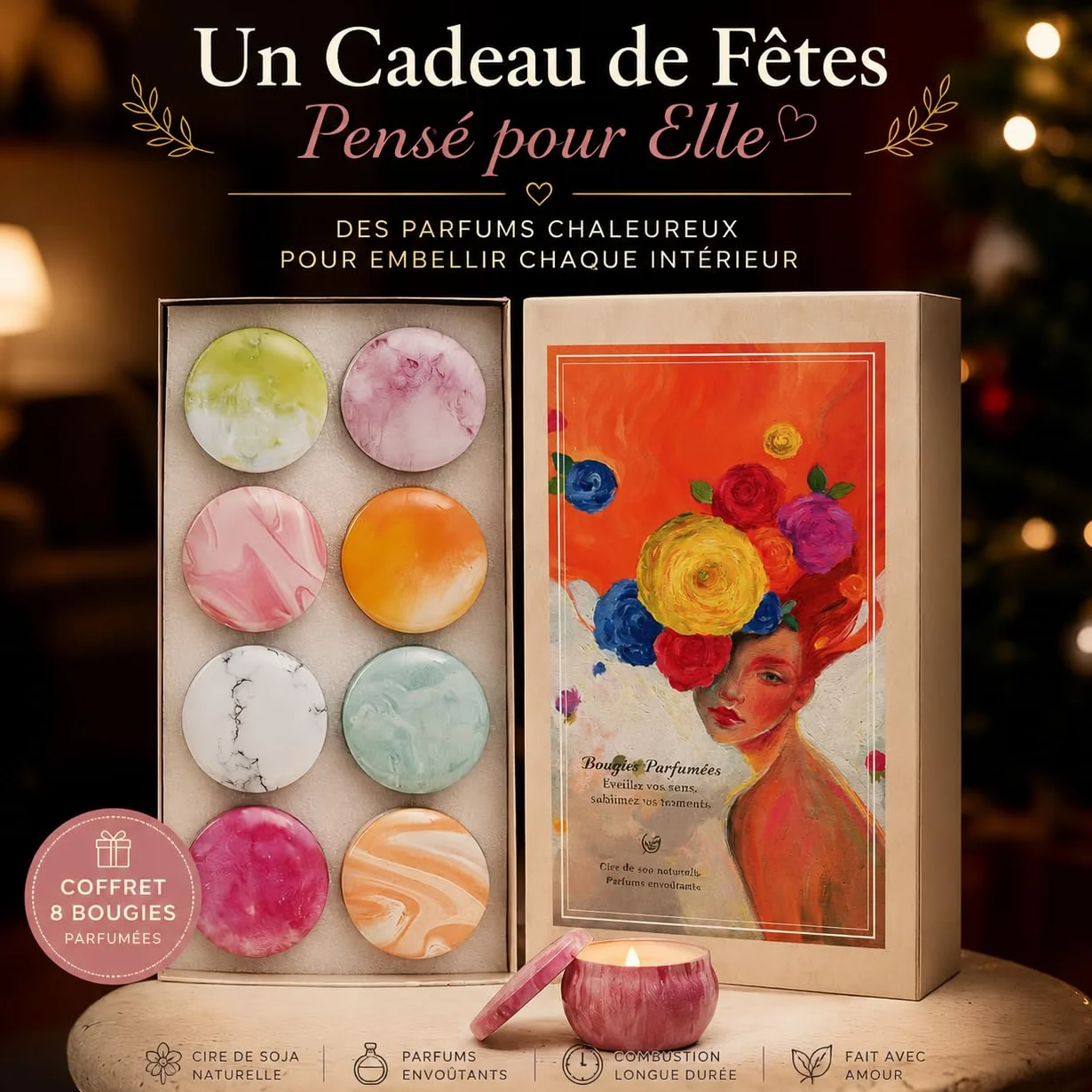 Coffret Bougies Parfumées Lot de 8 Longue Durée Cadeau Femme