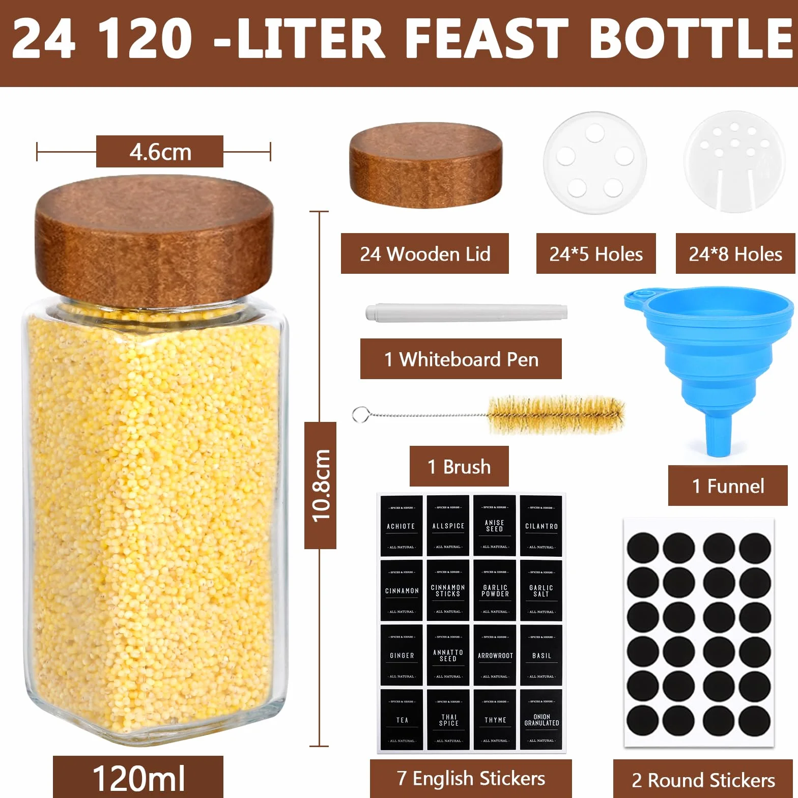 Pot à Épices en Verre et Bois, 24 Pièces 120ml, Set avec Étiquettes, Entonnoir, Brosse