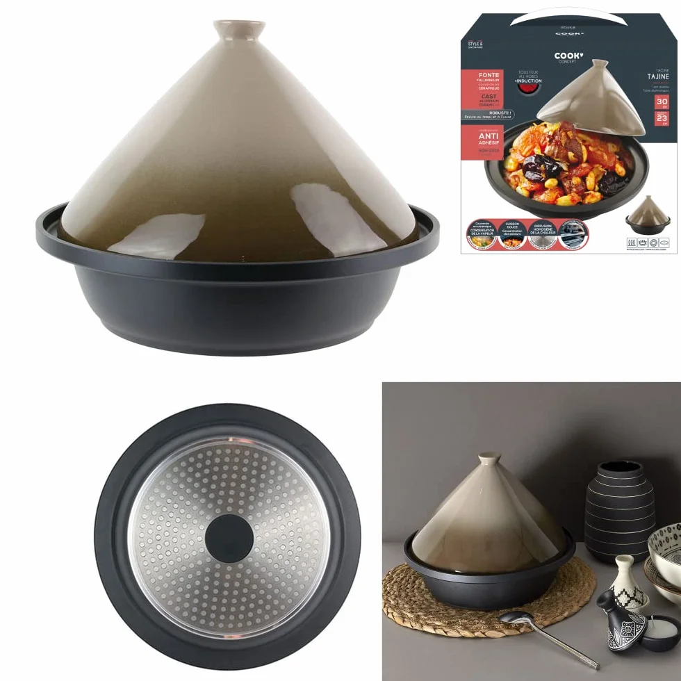 COOK CONCEPT Tajine en Fonte d'Aluminium Ronde Antiadhésif Compatible Induction 30 cm Taupe