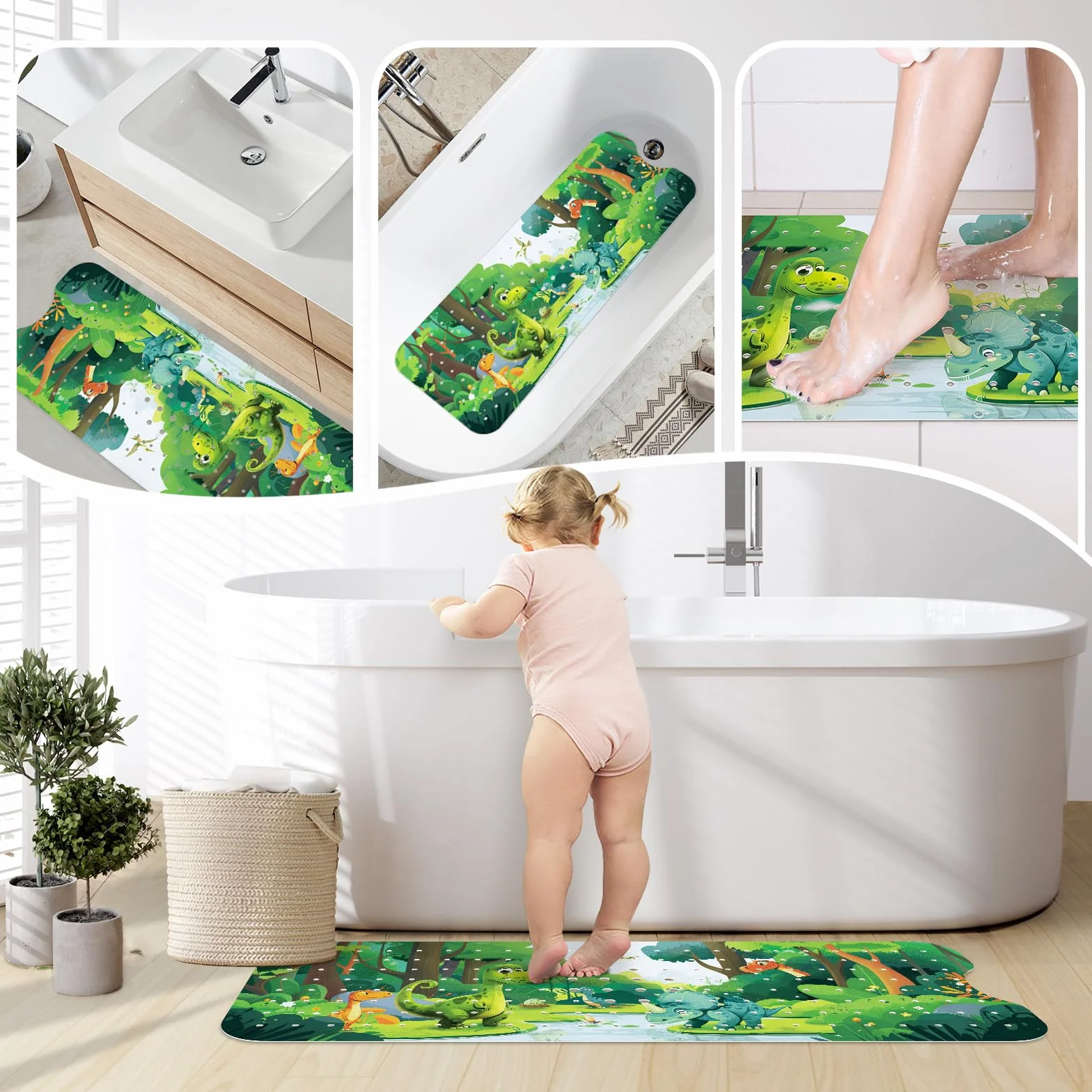 SHUCHING Tapis de Bain Antiderapant Enfant 100 x 40 cm sans BPA Lavable en Machine Dinosaure
