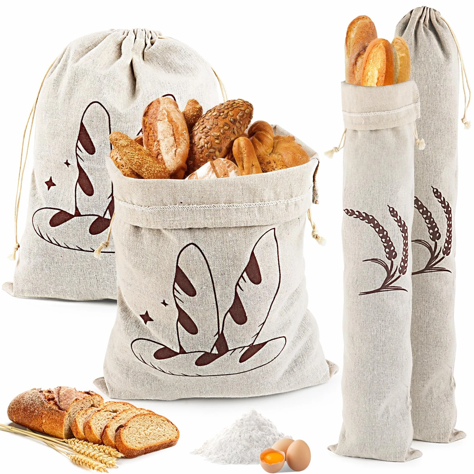 Sacs à Pain en Lin avec Cordon de Serrage Réutilisables Lot de 4 - 30x40 cm et 14.5x63 cm