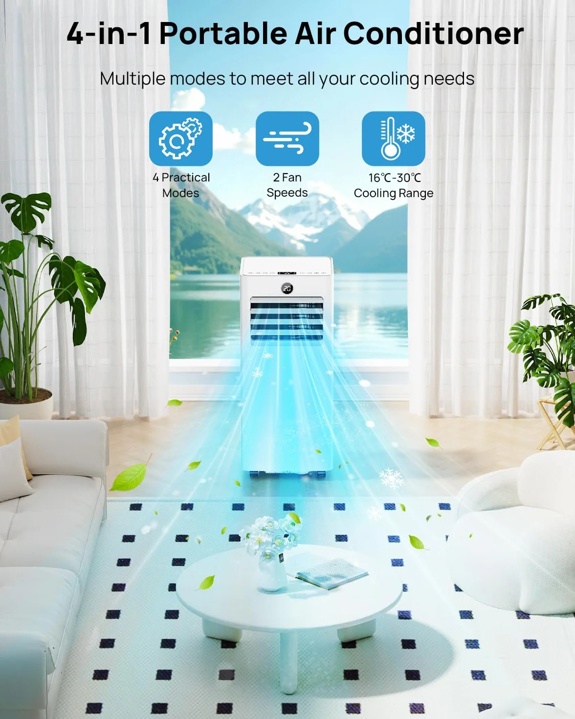 Climatiseur Mobile 9000 BTU Silencieux avec Télécommande 4-en-1 Refroidissement Ventilation Déshumidification