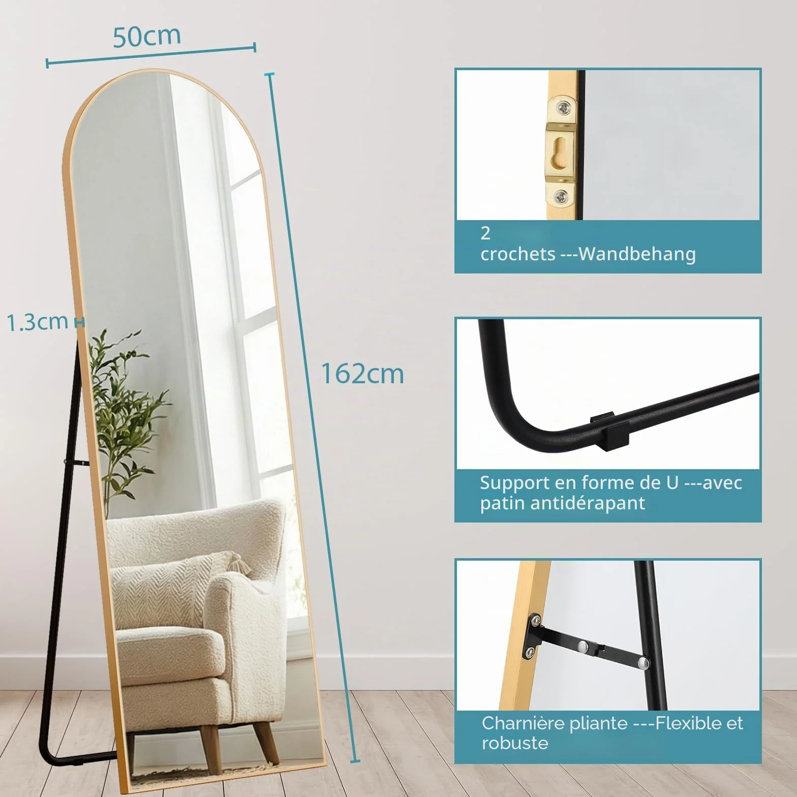 Grand Miroir sur Pied Clevich Cadre Aluminium 162 x 50 cm Arche Mural Doré
