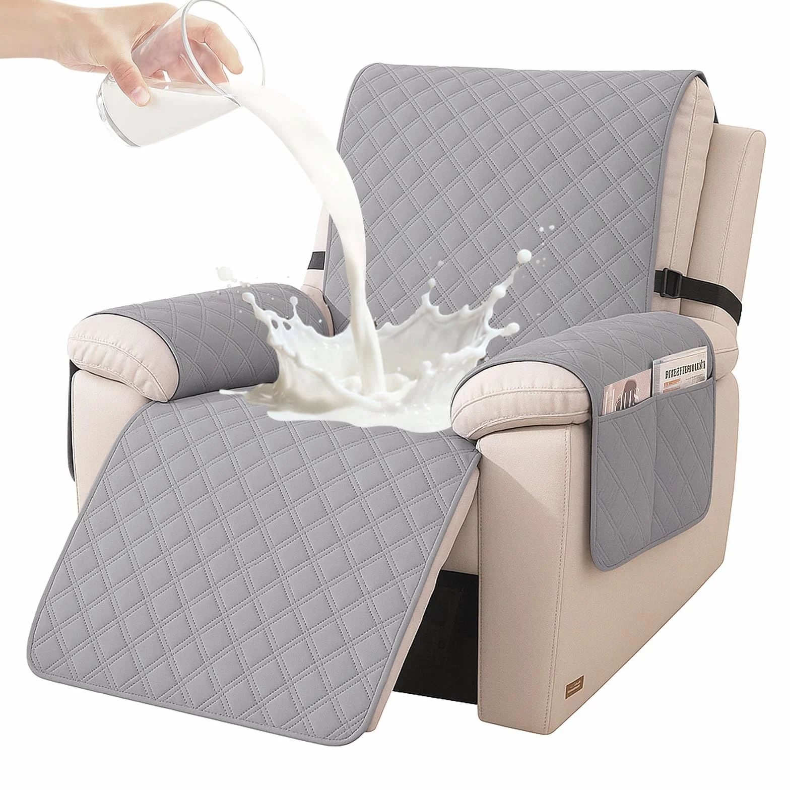 Housse Fauteuil Relax 1 Place Étanche Inclinable Antidérapant avec Poches Latérales Lavable Gris Clair