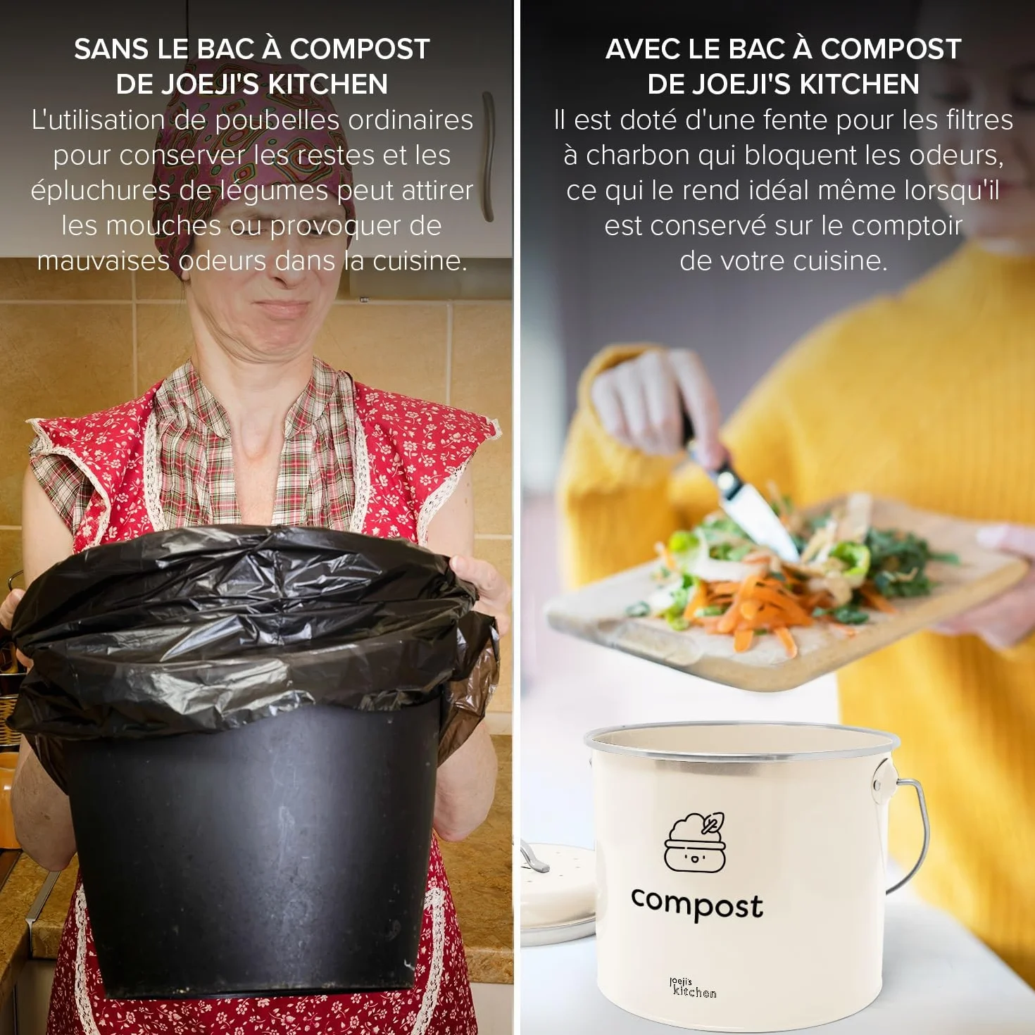 Bac à Compost 3,5 l – Compost de Cuisine Compact en Acier Galvanisé avec Filtres à Charbon