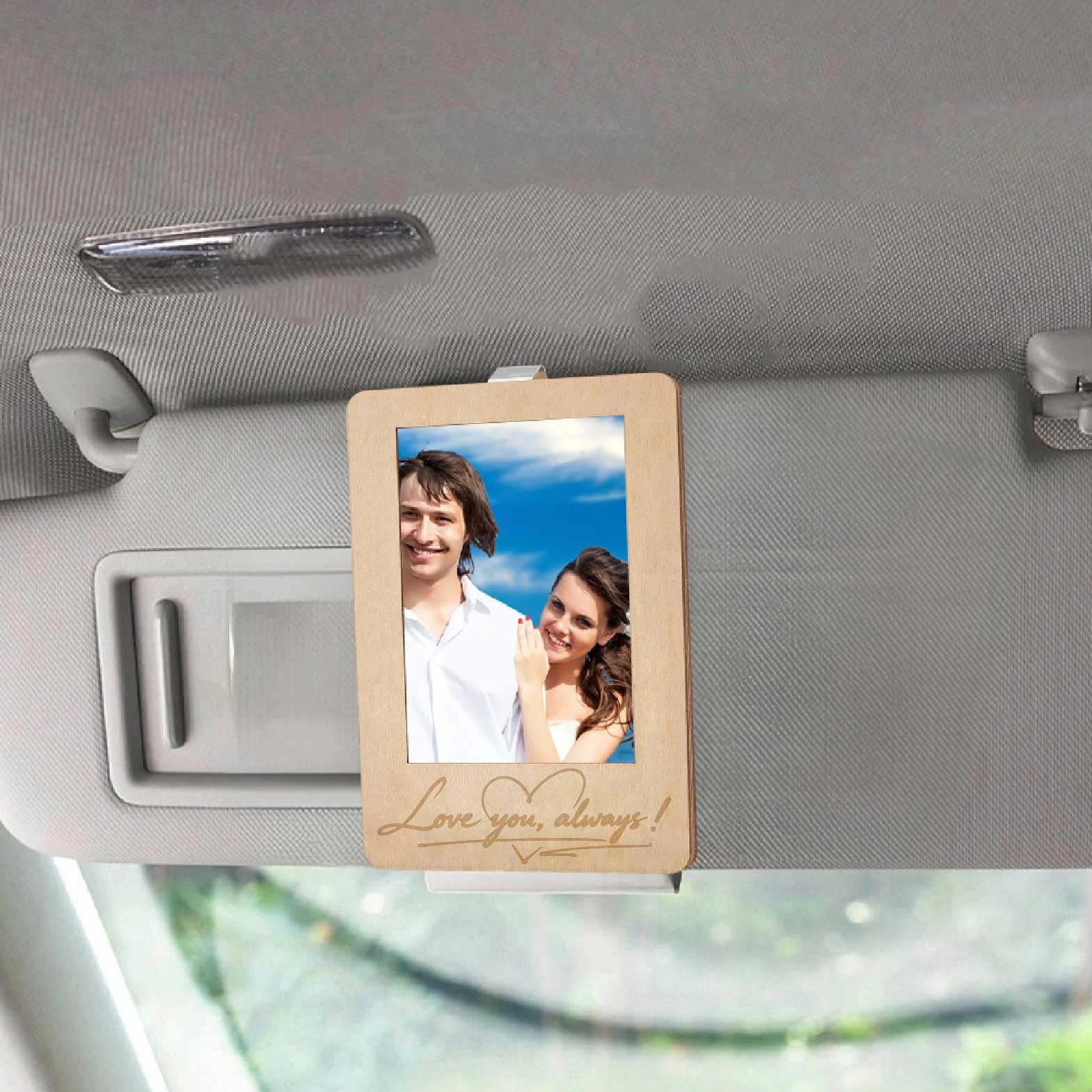Clip Photo en Bois pour Pare-Soleil de Voiture 4,7 x 3,3 Pouces Cadre Photo Auto I Love You Motif Cœur Support Photo Décoratif Cadeau