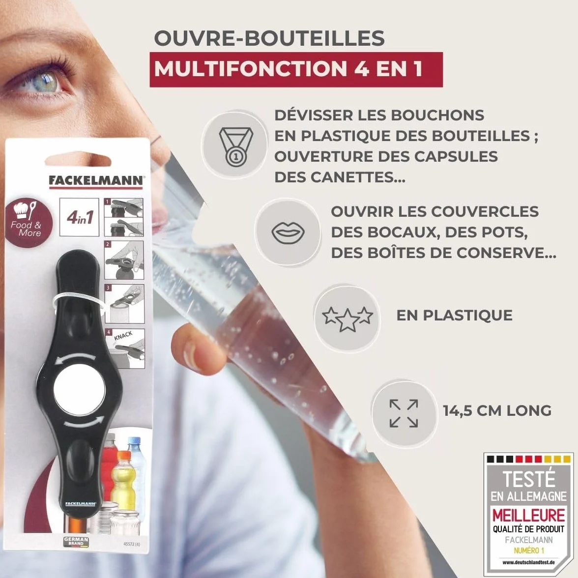 Fackelmann Ouvre bouteille 4 en 1, décapsuleur, ouvre boîte, ouvre bocal, Plastique, Noir, 14,5 x 4,5 x 2,5 cm