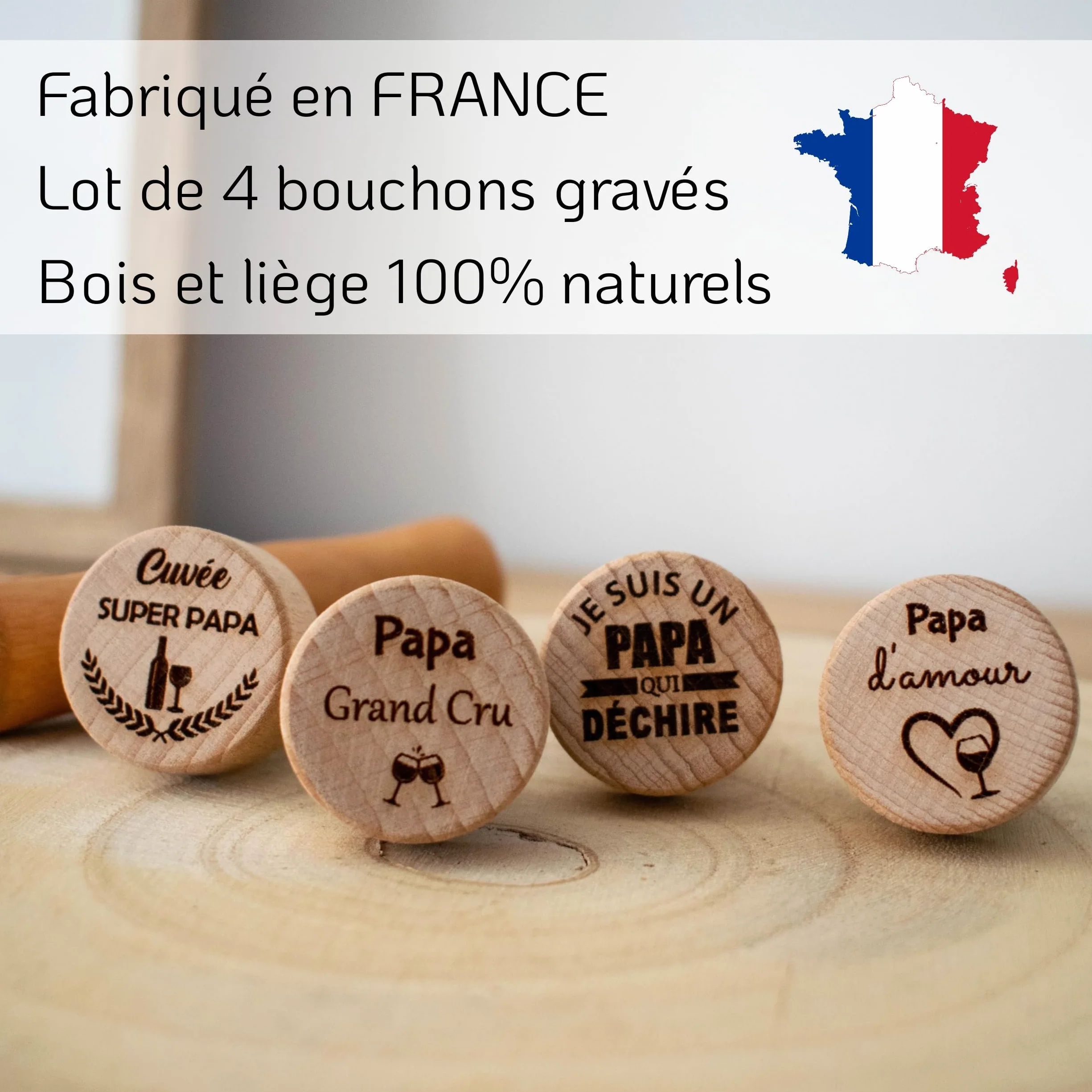 Lot de 4 Bouchons Papa personnalisés - Cadeau fête des pères - Idée Cadeau Homme - Accessoire vin