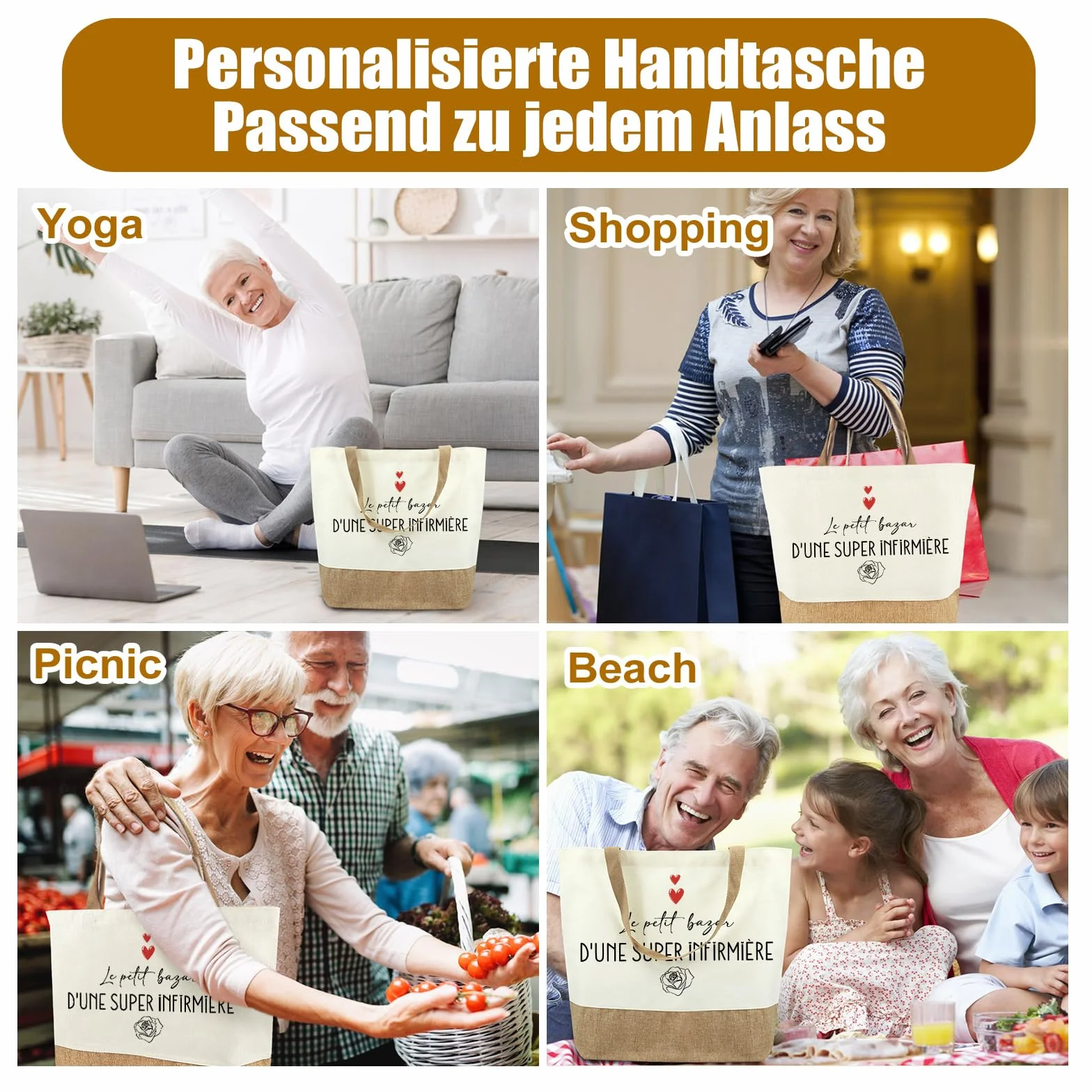 Sac Jute Tote Bag Femme Cadeau Infirmière Cabas Plage Courses Coton Jute